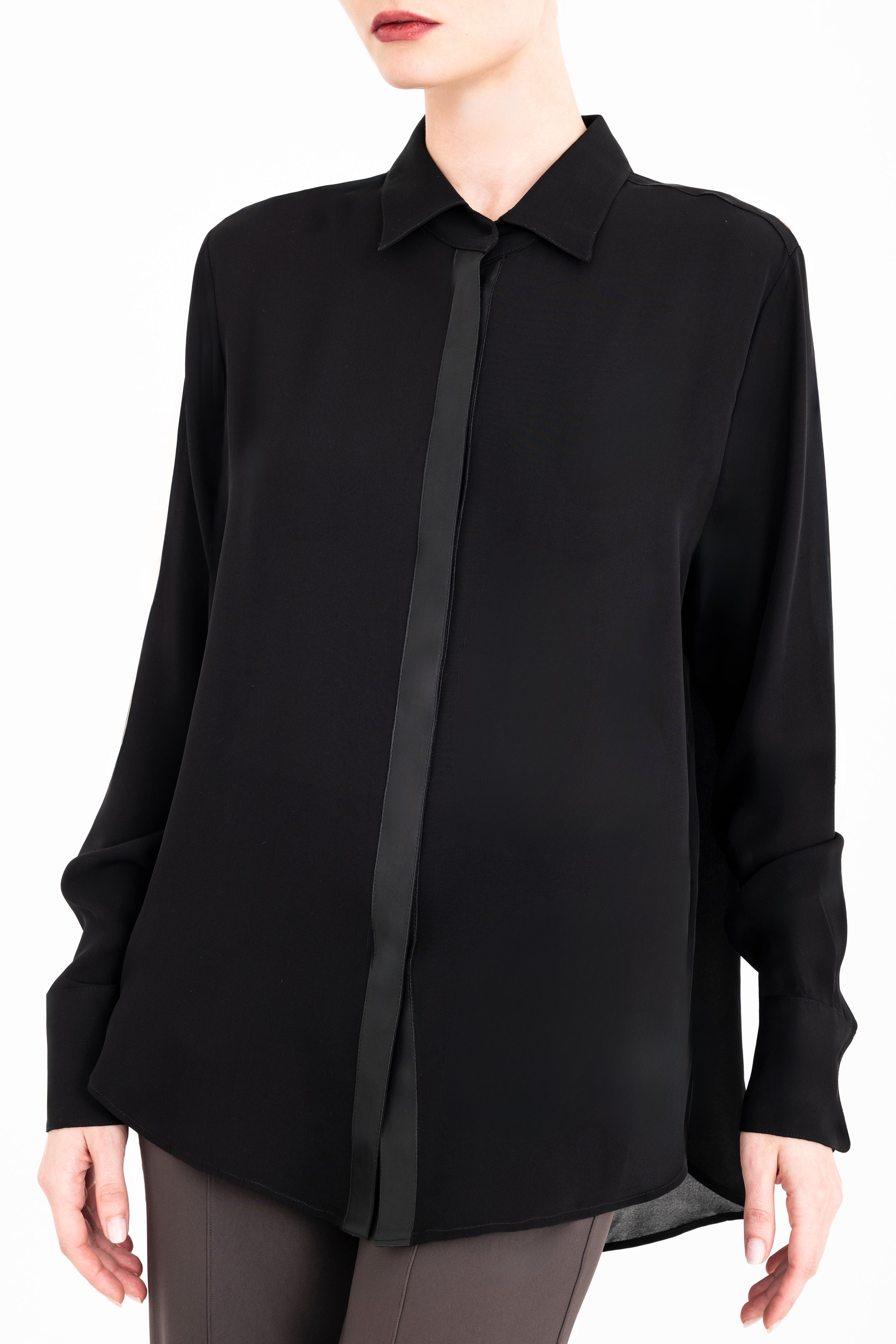 Silk Georgette Button Up Shirt with Vegan Leather Trim - CISUSS Top GENERAL ORIENT