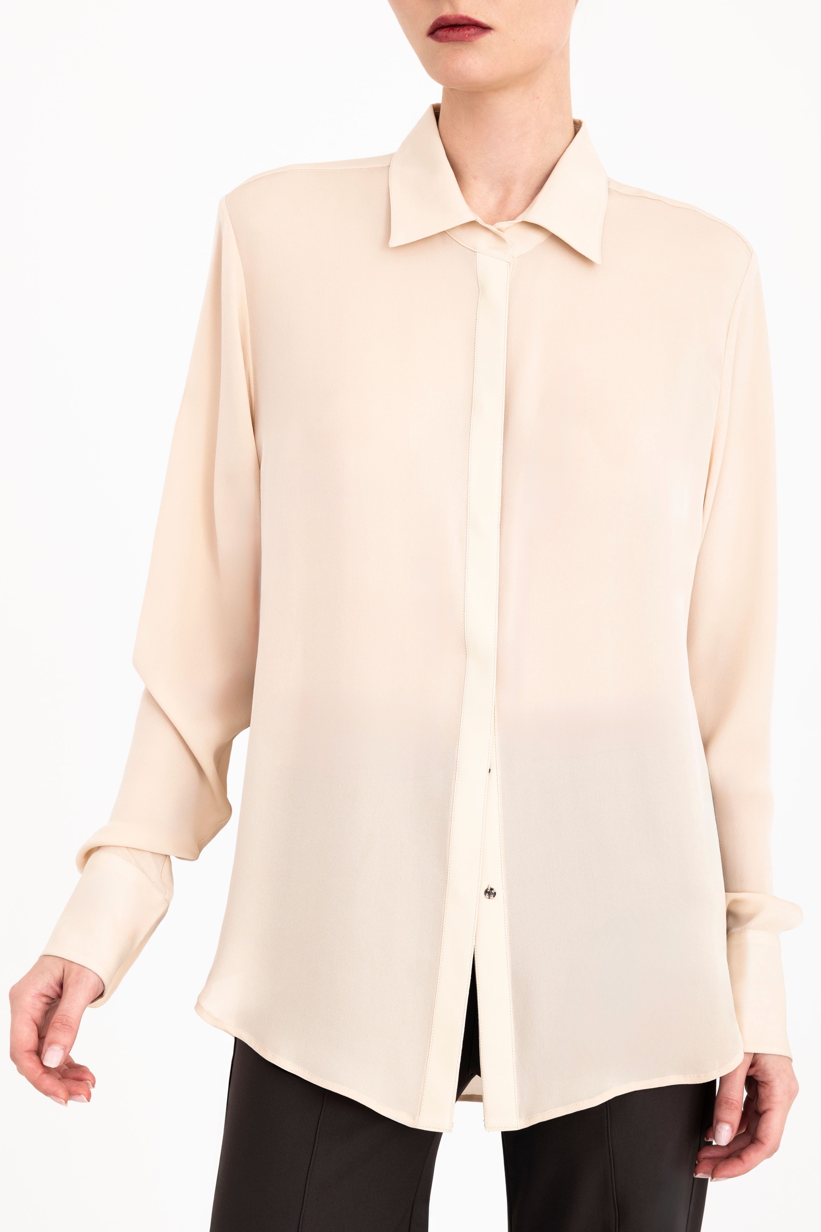 Silk Georgette Button Up Shirt with Vegan Leather Trim - CISUSS Top GENERAL ORIENT Oyster P