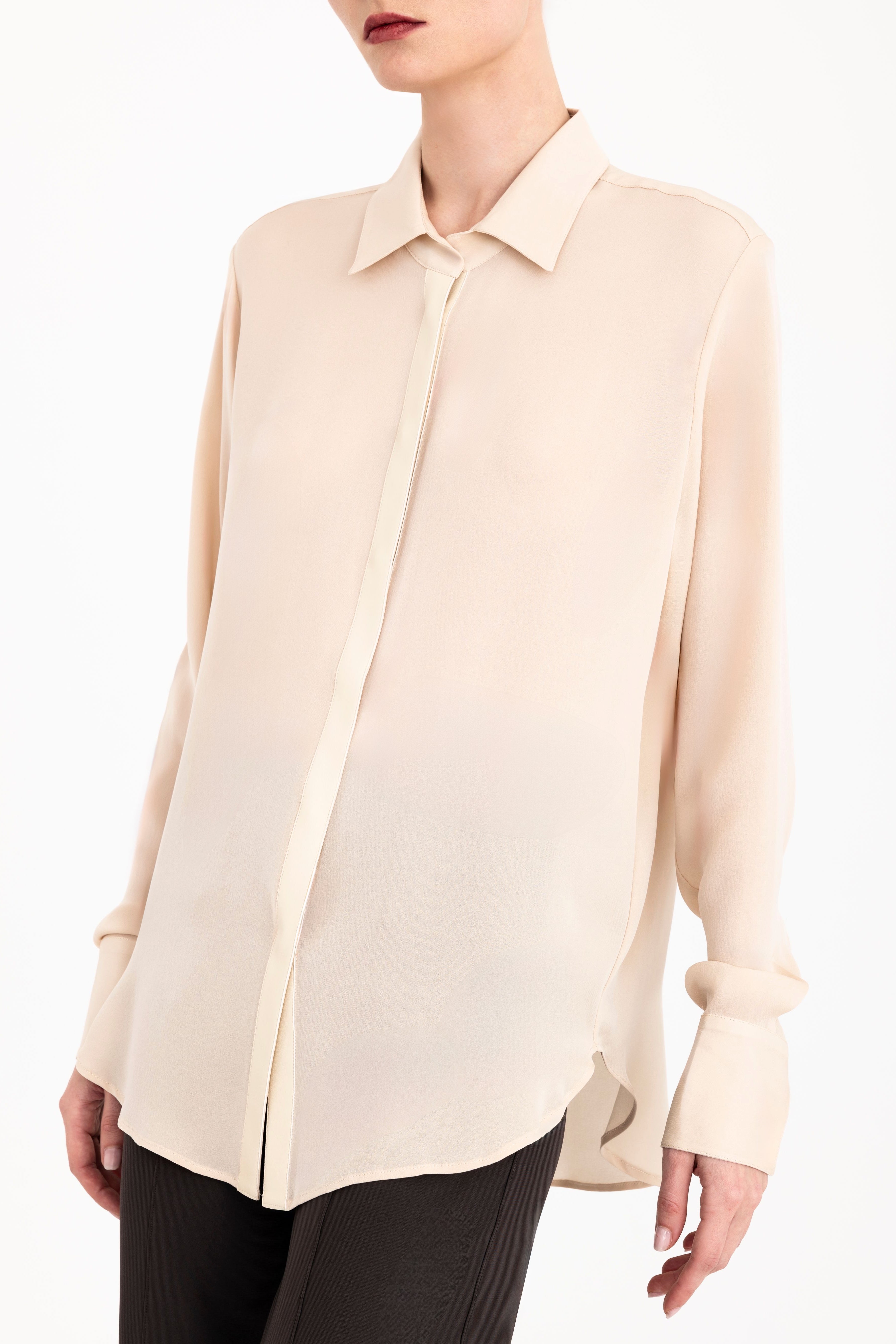Silk Georgette Button Up Shirt with Vegan Leather Trim - CISUSS Top GENERAL ORIENT