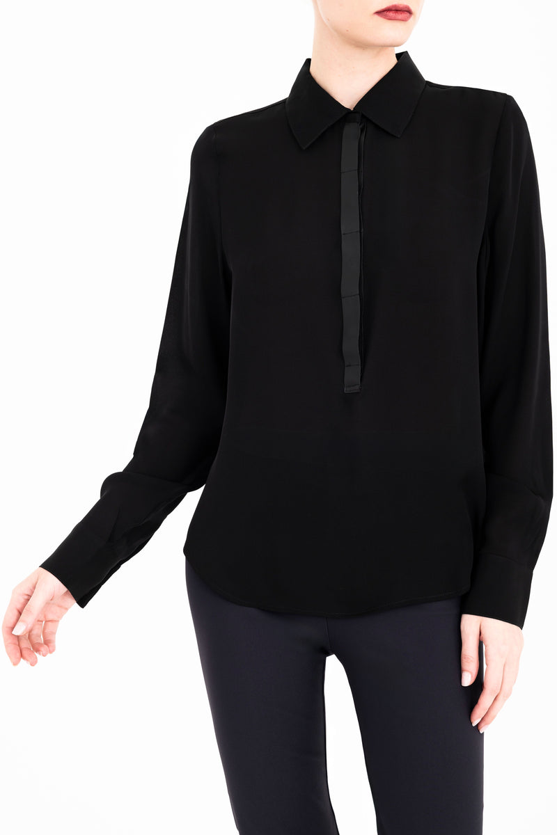 Silk Georgette Pullover Shirt with Leather Trim - CLARICE Top General Orient