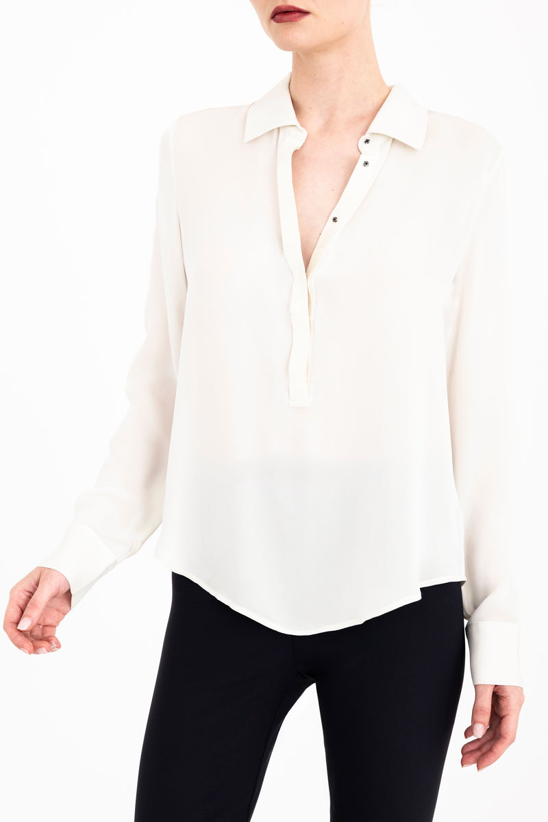 Silk Georgette Pullover Shirt with Leather Trim - CLARICE Top General Orient Ivory P