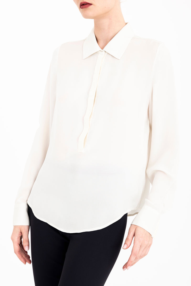 Silk Georgette Pullover Shirt with Leather Trim - CLARICE Top General Orient