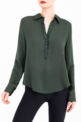 Silk Georgette Pullover Shirt with Leather Trim - CLARICE Top General Orient Kelp Silk P