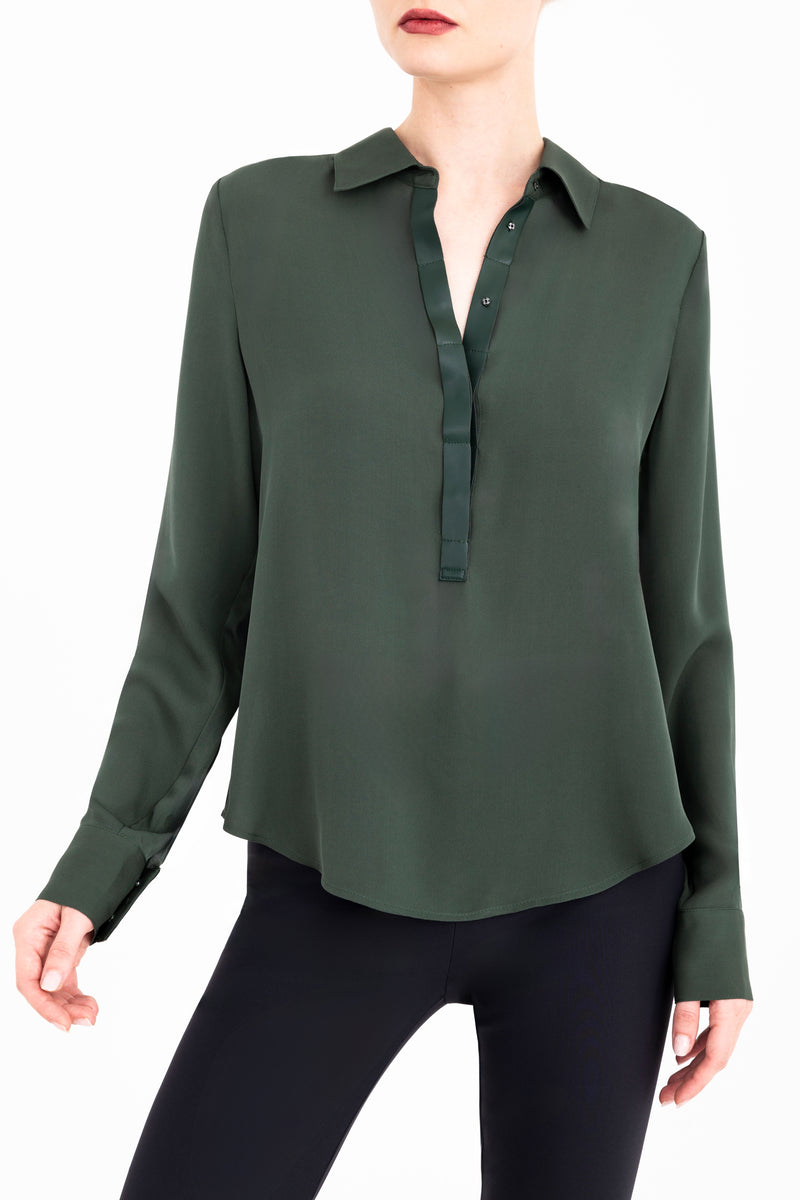 Silk Georgette Pullover Shirt with Leather Trim - CLARICE Top General Orient Kelp Silk P