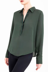 Silk Georgette Pullover Shirt with Leather Trim - CLARICE Top General Orient
