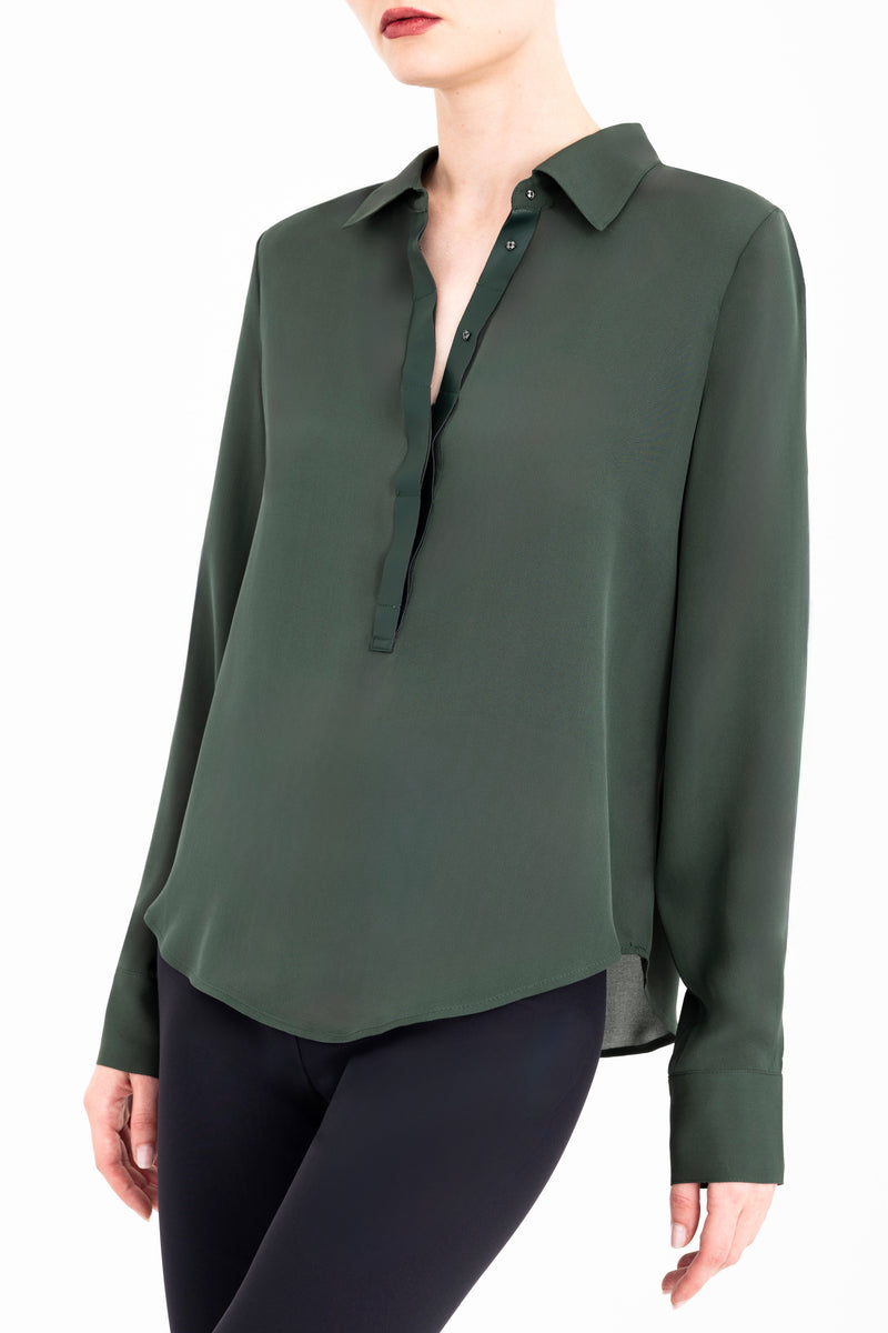 Silk Georgette Pullover Shirt with Leather Trim - CLARICE Top General Orient
