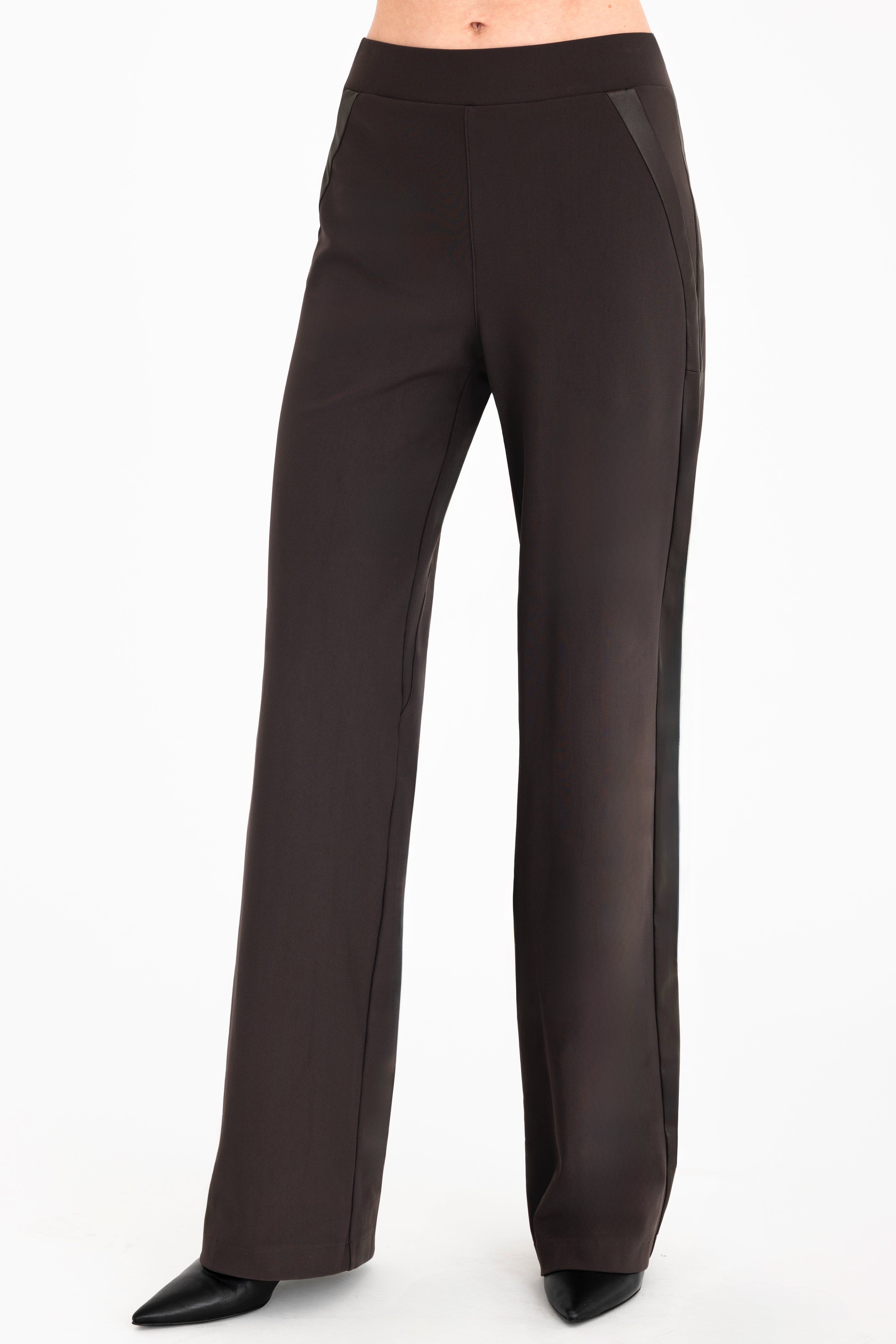 Tech Stretch Slouchy Pant with Vegan Leather Stripe - CLOVIS Pant STYLEM Cocoa P