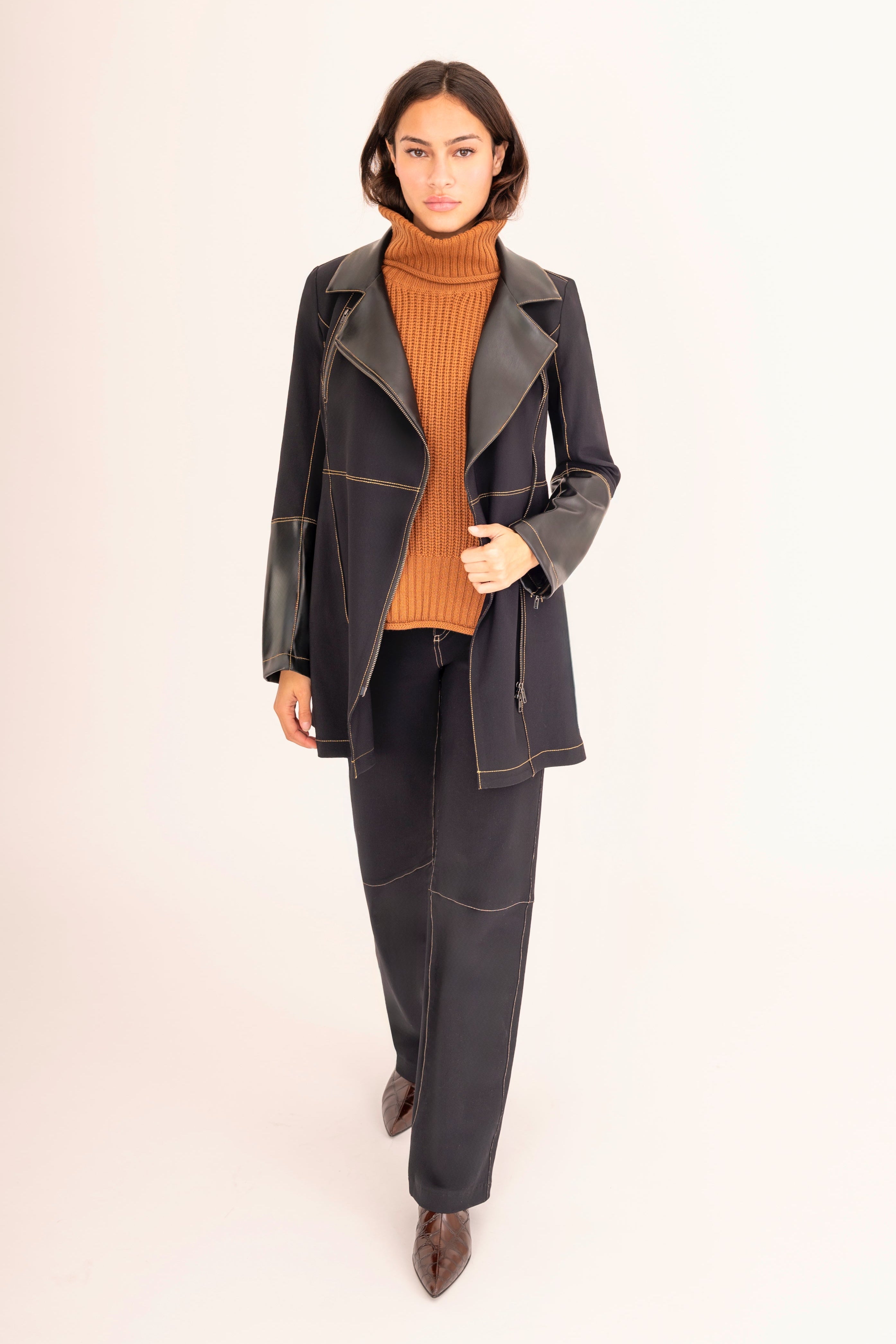 Tech Stretch Moto Coat with Vegan Leather & Contrast Stitching - ASANA Coat GENERAL ORIENT