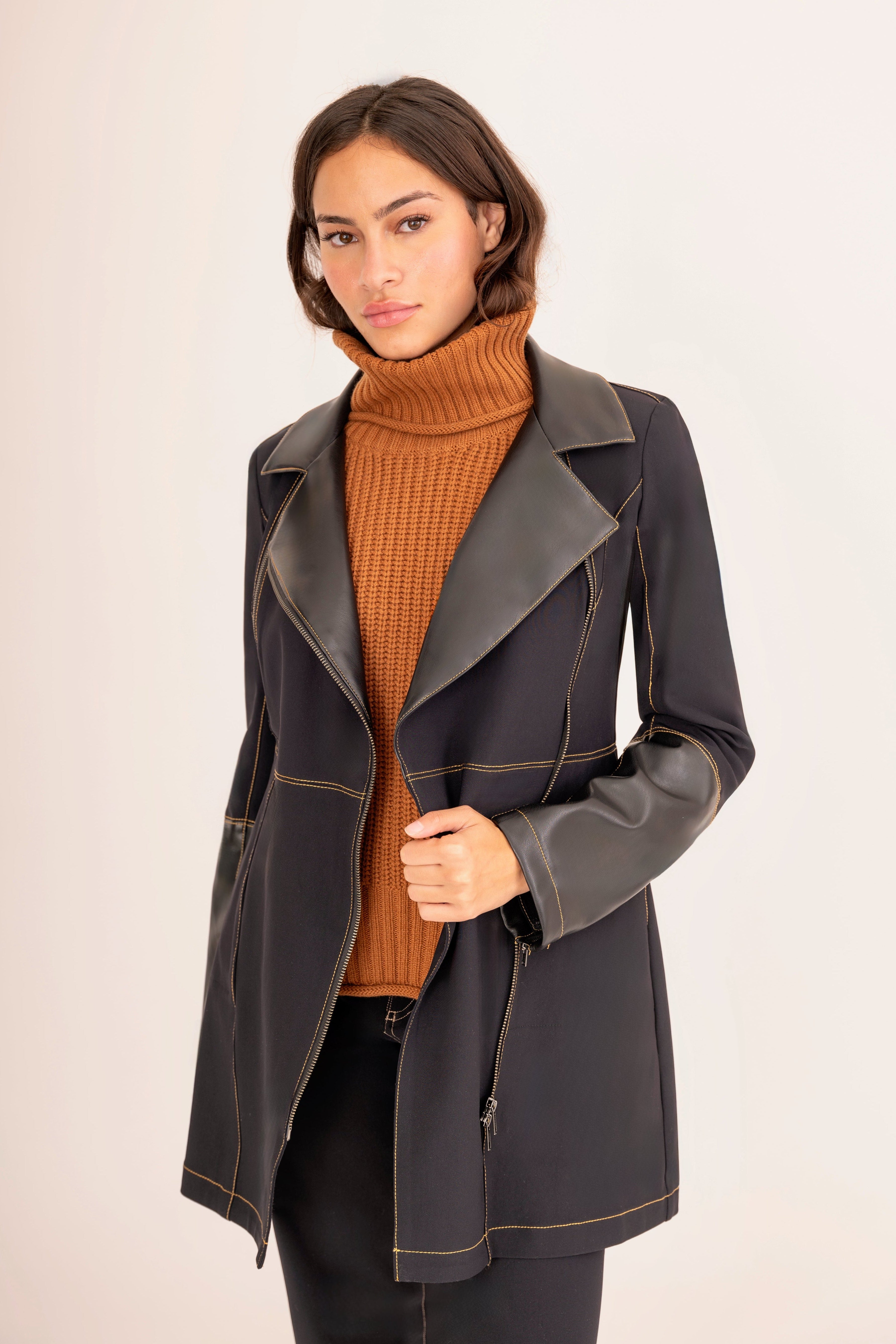 Tech Stretch Moto Coat with Vegan Leather & Contrast Stitching - ASANA Coat GENERAL ORIENT Black P