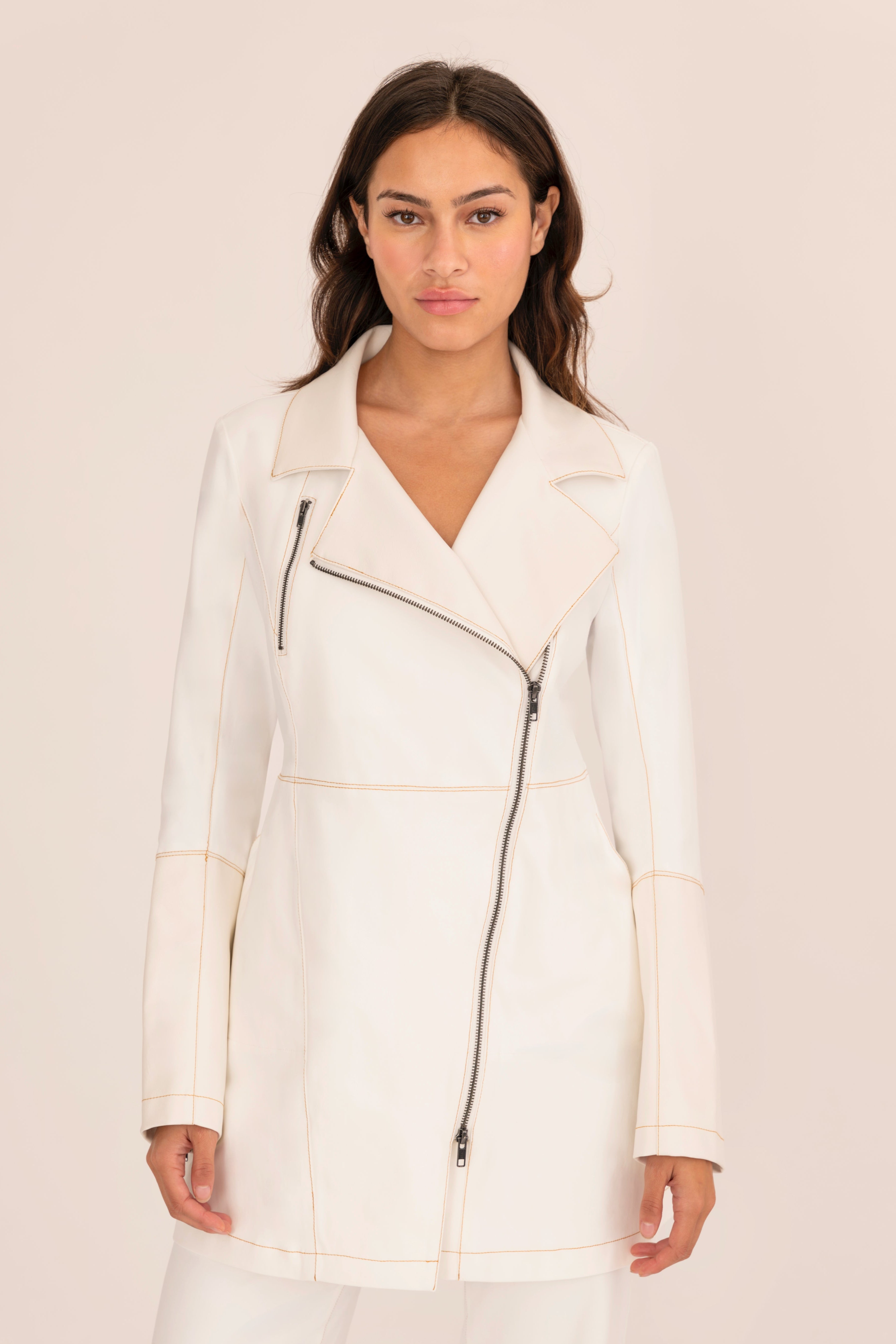 Tech Stretch Moto Coat with Vegan Leather & Contrast Stitching - ASANA Coat GENERAL ORIENT White P