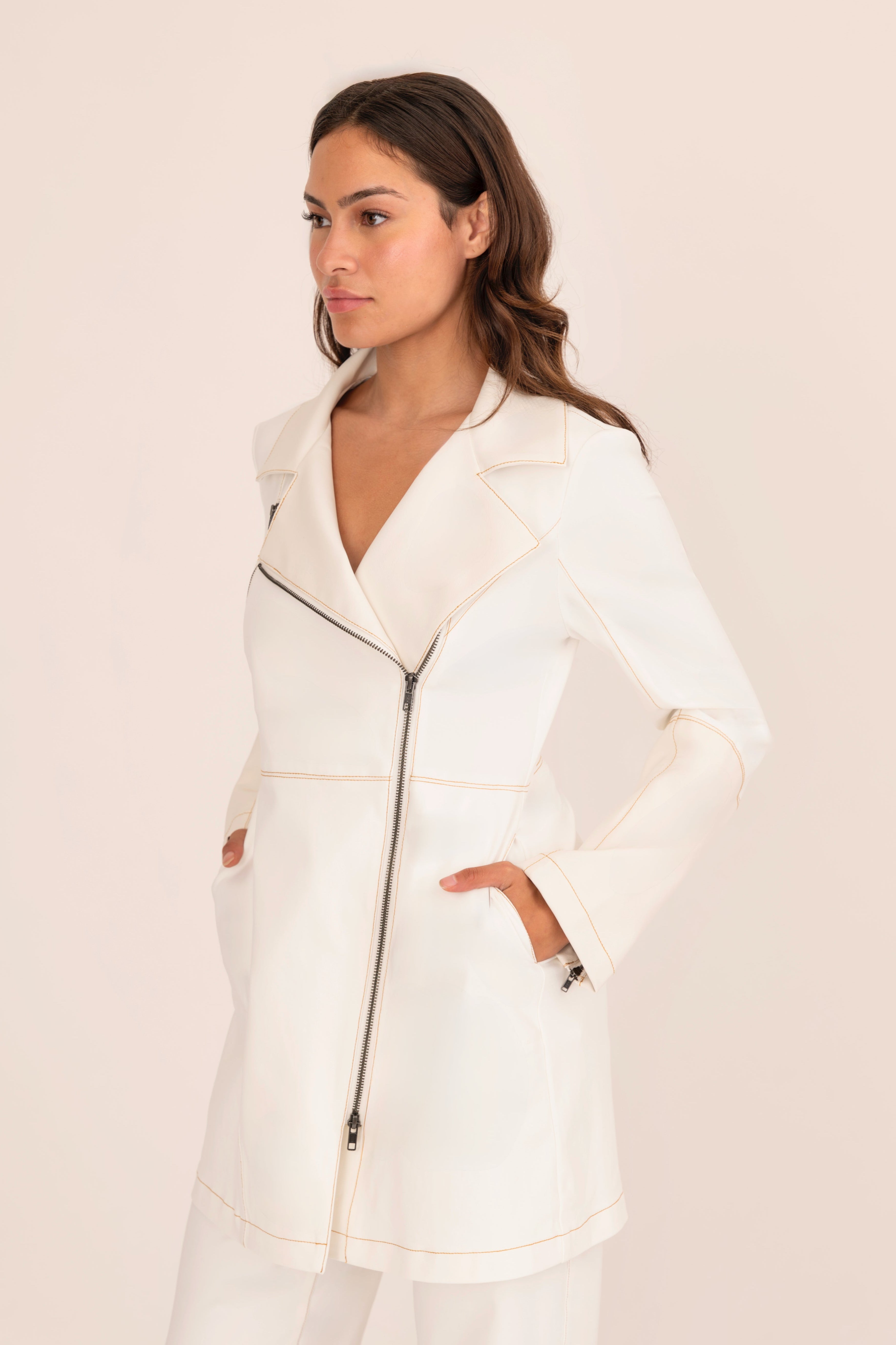 Tech Stretch Moto Coat with Vegan Leather & Contrast Stitching - ASANA Coat GENERAL ORIENT