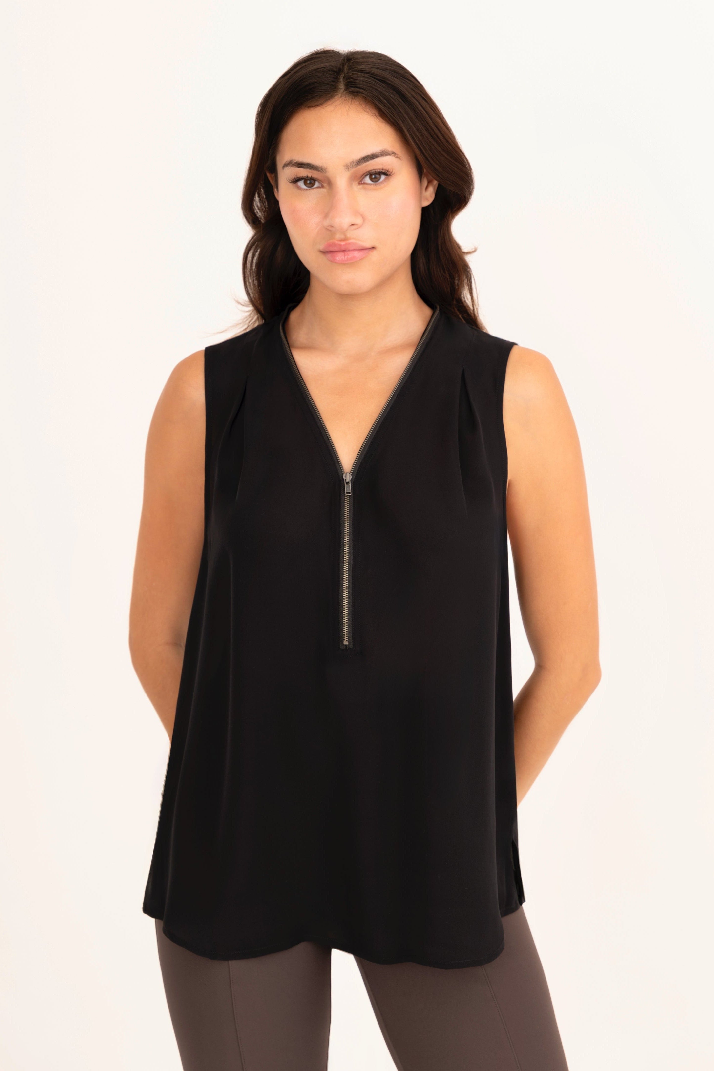 Silk Georgette Shell Top with Zip Trim - UMBERTA Top GENERAL ORIENT Black P