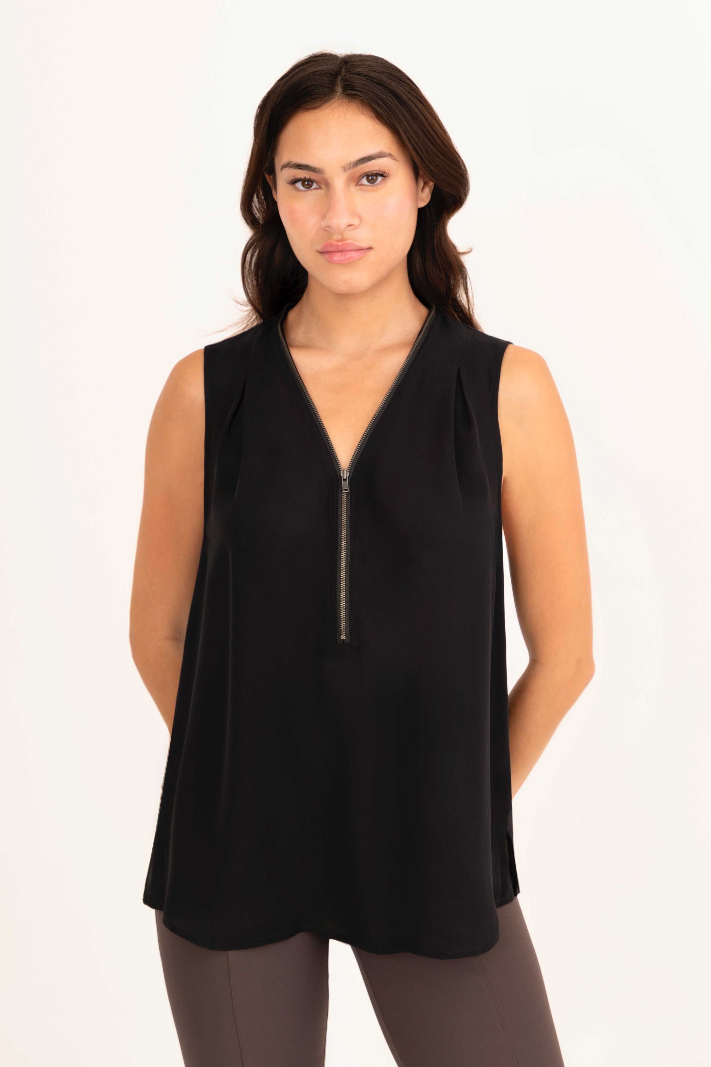 Silk Georgette Shell Top with Zip Trim - UMBERTA Top GENERAL ORIENT Black P