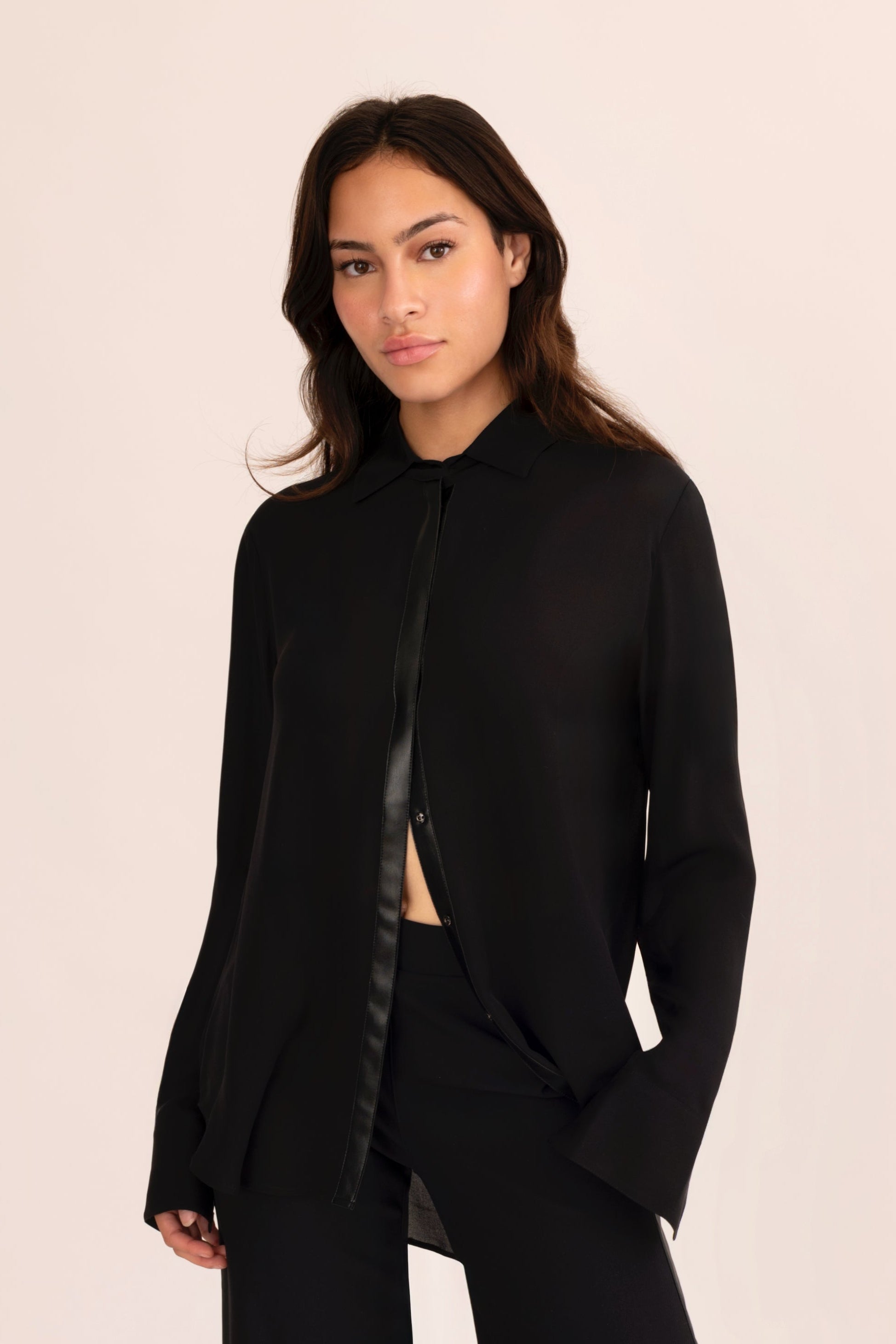 Silk Georgette Button Up Shirt with Vegan Leather Trim - CISUSS Top GENERAL ORIENT