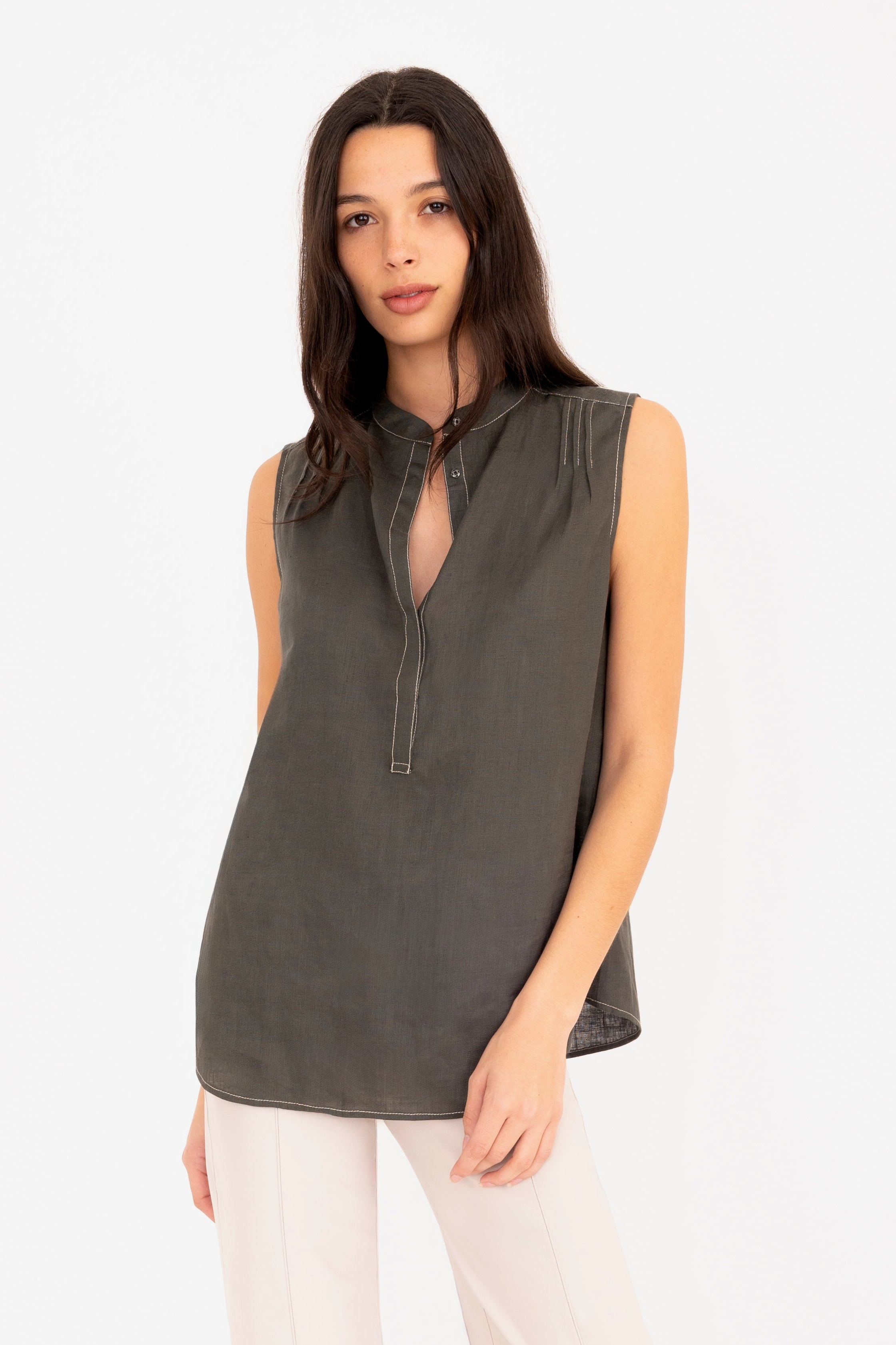 Washed Linen Pin Tuck Shell Top - DIONEA