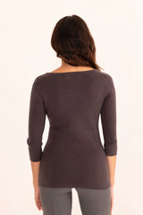 Woman wearing a dark grey sweater white background