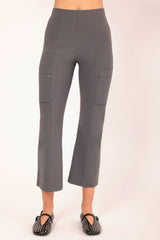 Gray cargo pants worn by a person on a white background