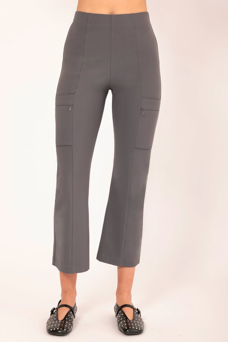 Gray cargo pants worn by a person on a white background