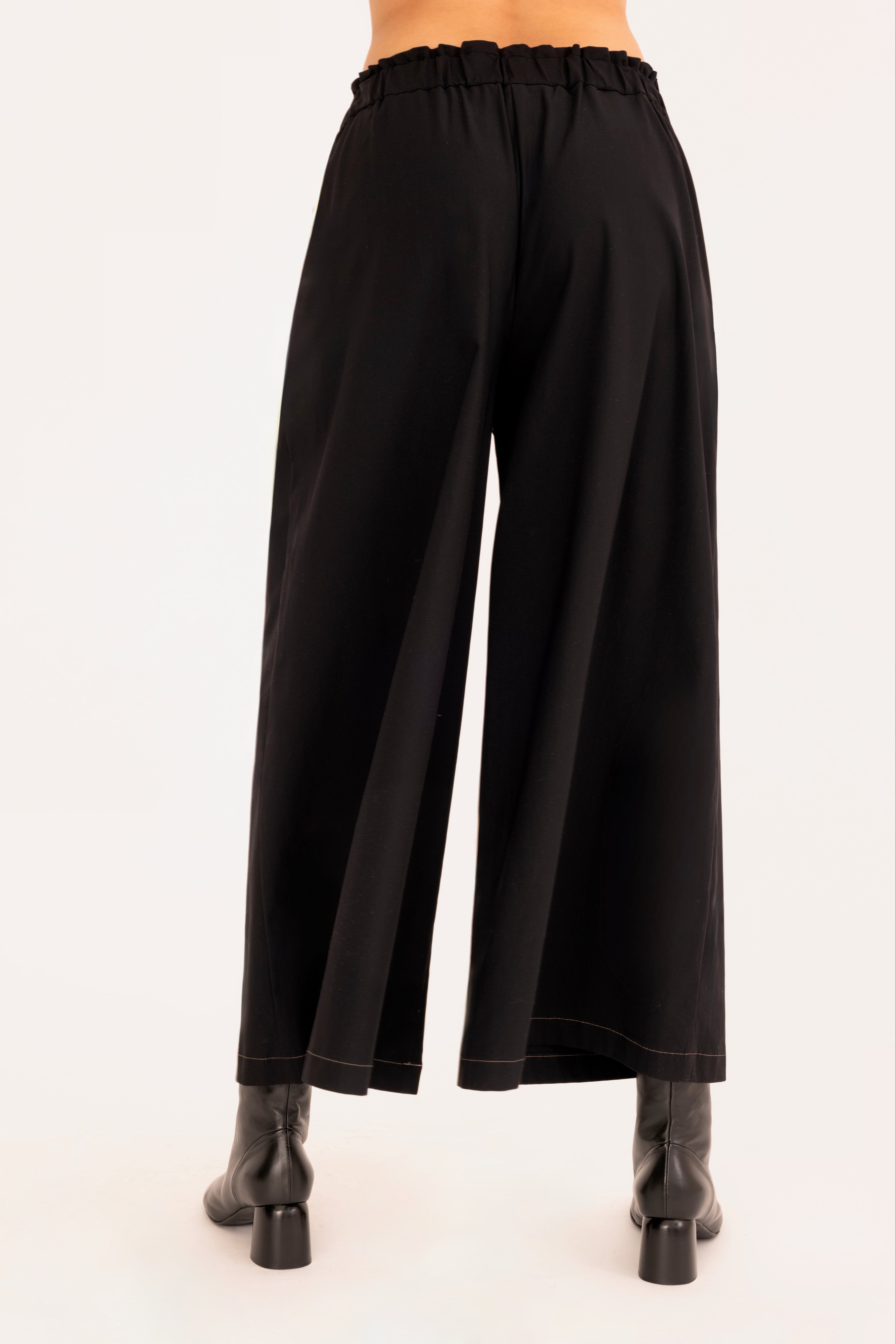 Back view of black culotte pant on a white background