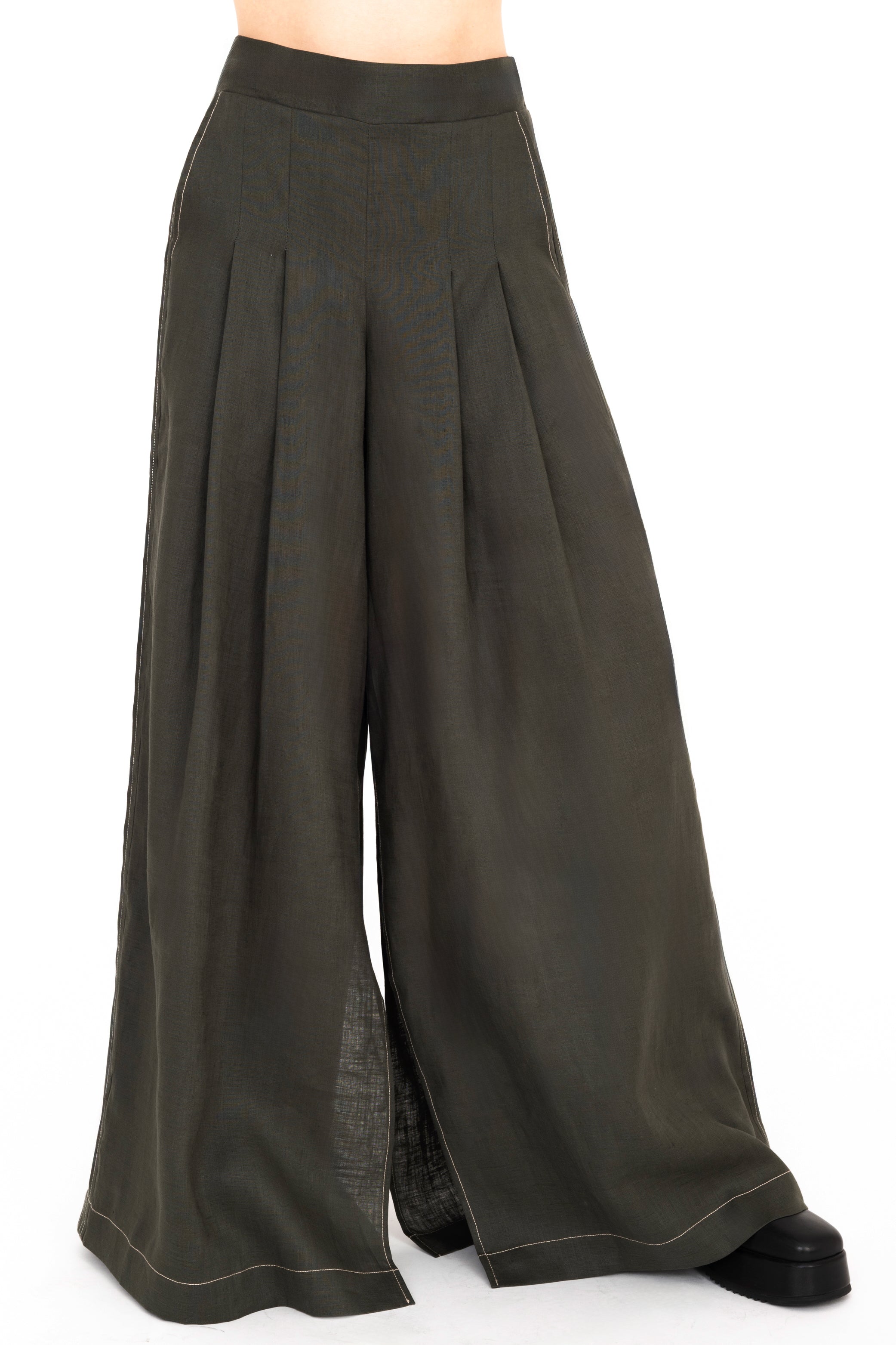 Pine green wide-leg pants on a white background