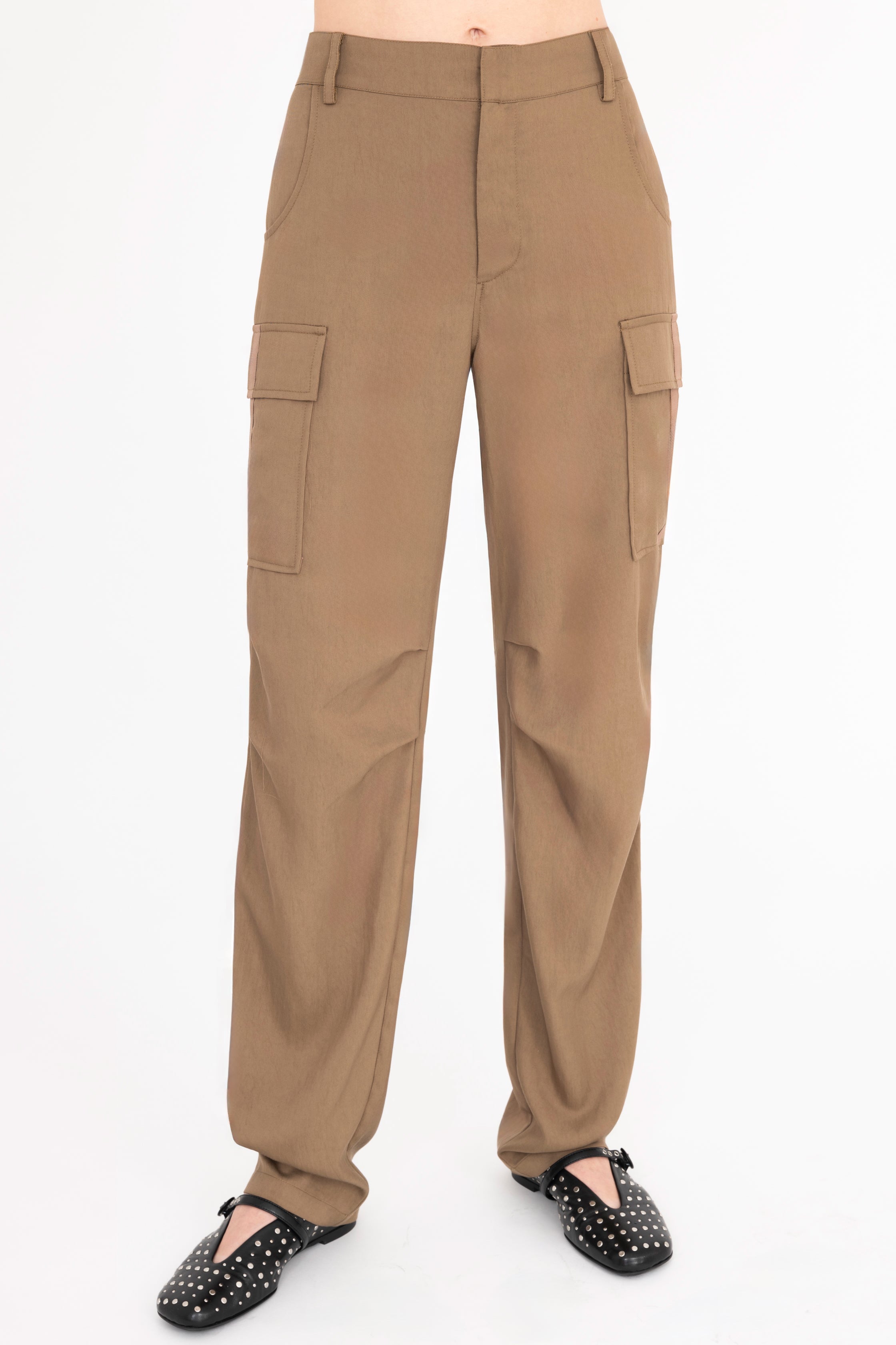 Front view of tan cargo pants on a white background