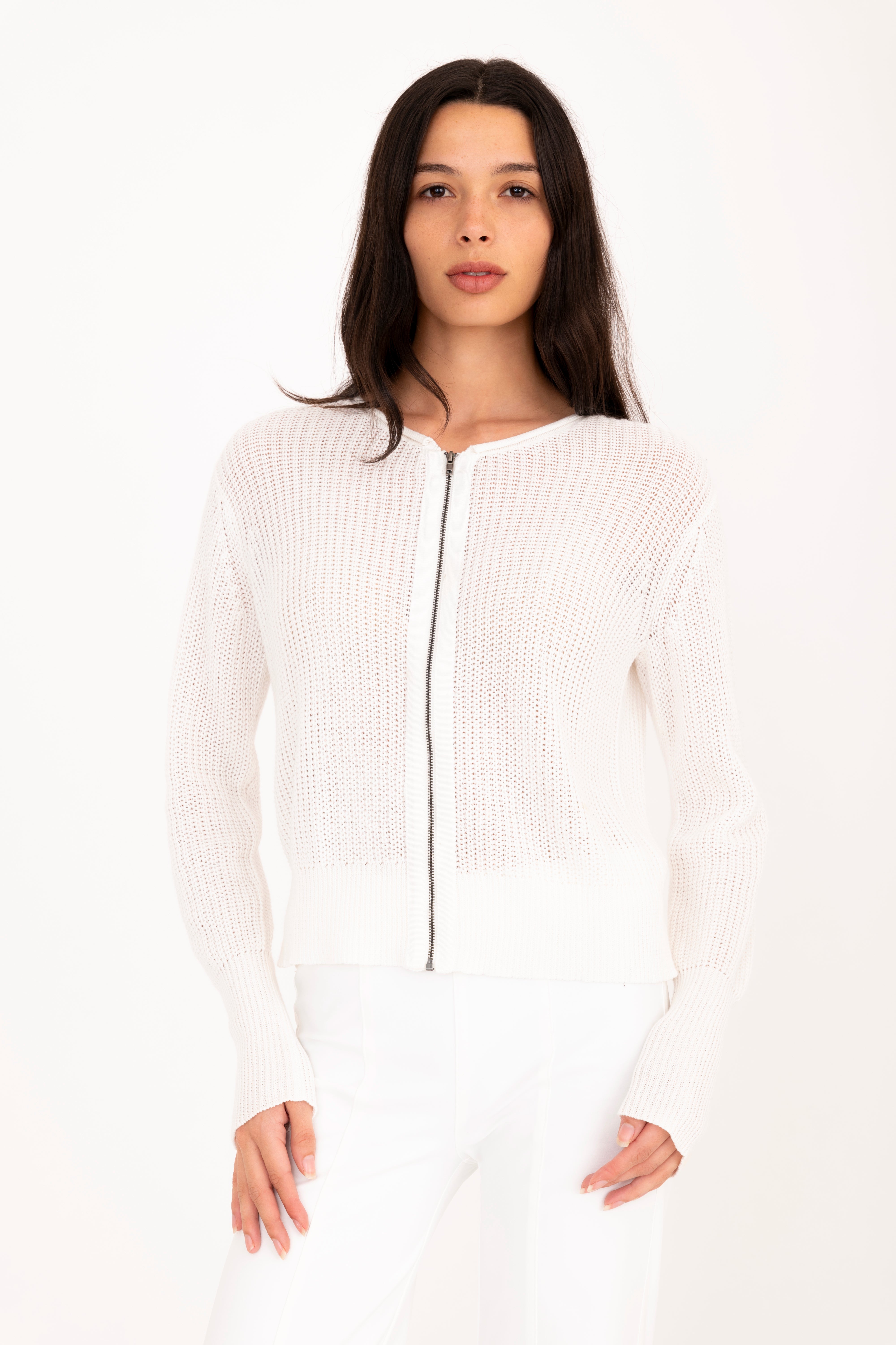 Crew Neck Waffle Zip Cardigan with Grosgrain Trim - DEVIN