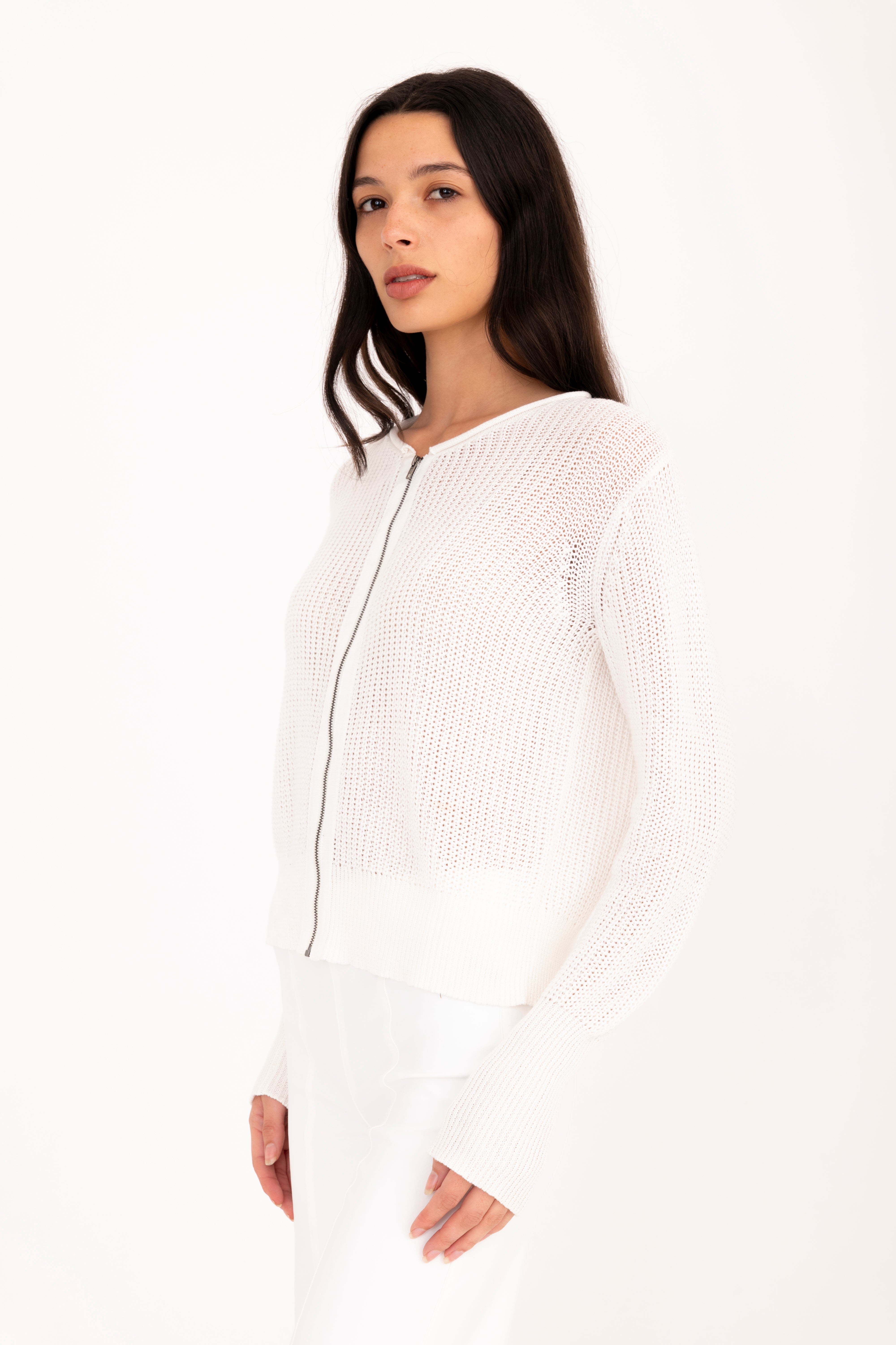 Crew Neck Waffle Zip Cardigan with Grosgrain Trim - DEVIN