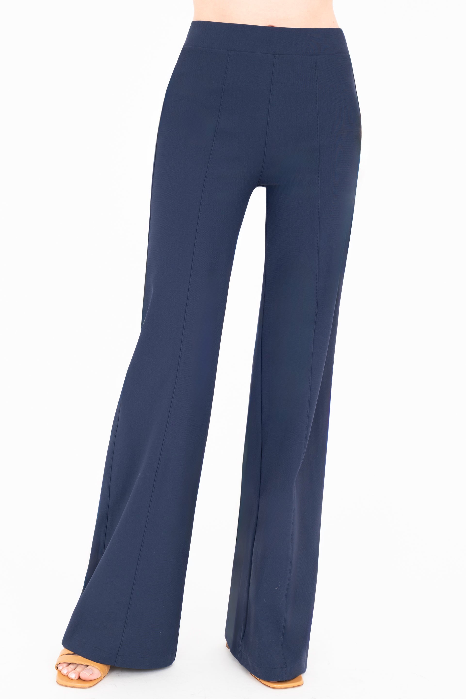 Front view of indigo blue wide-leg pants on a white background
