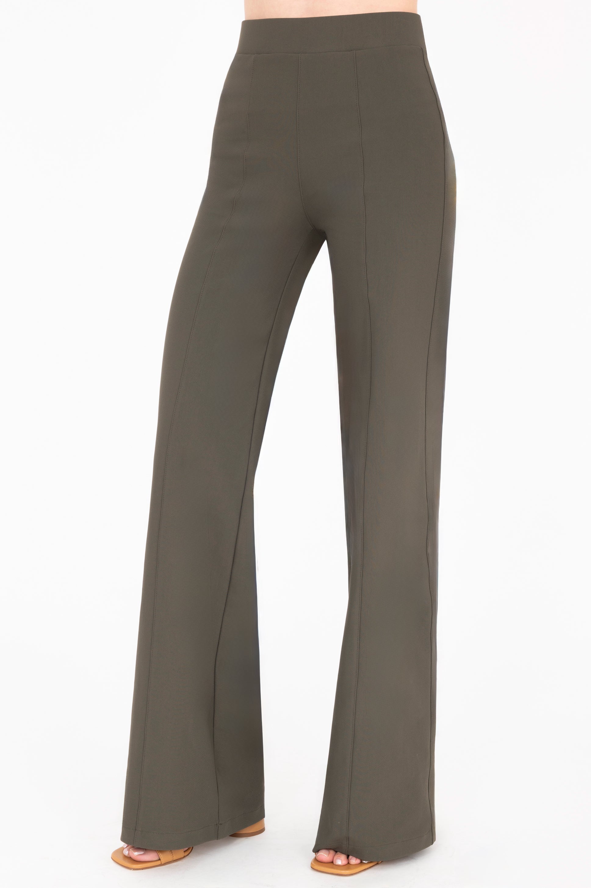 Quarter view of olive green wide-leg pants on a white background