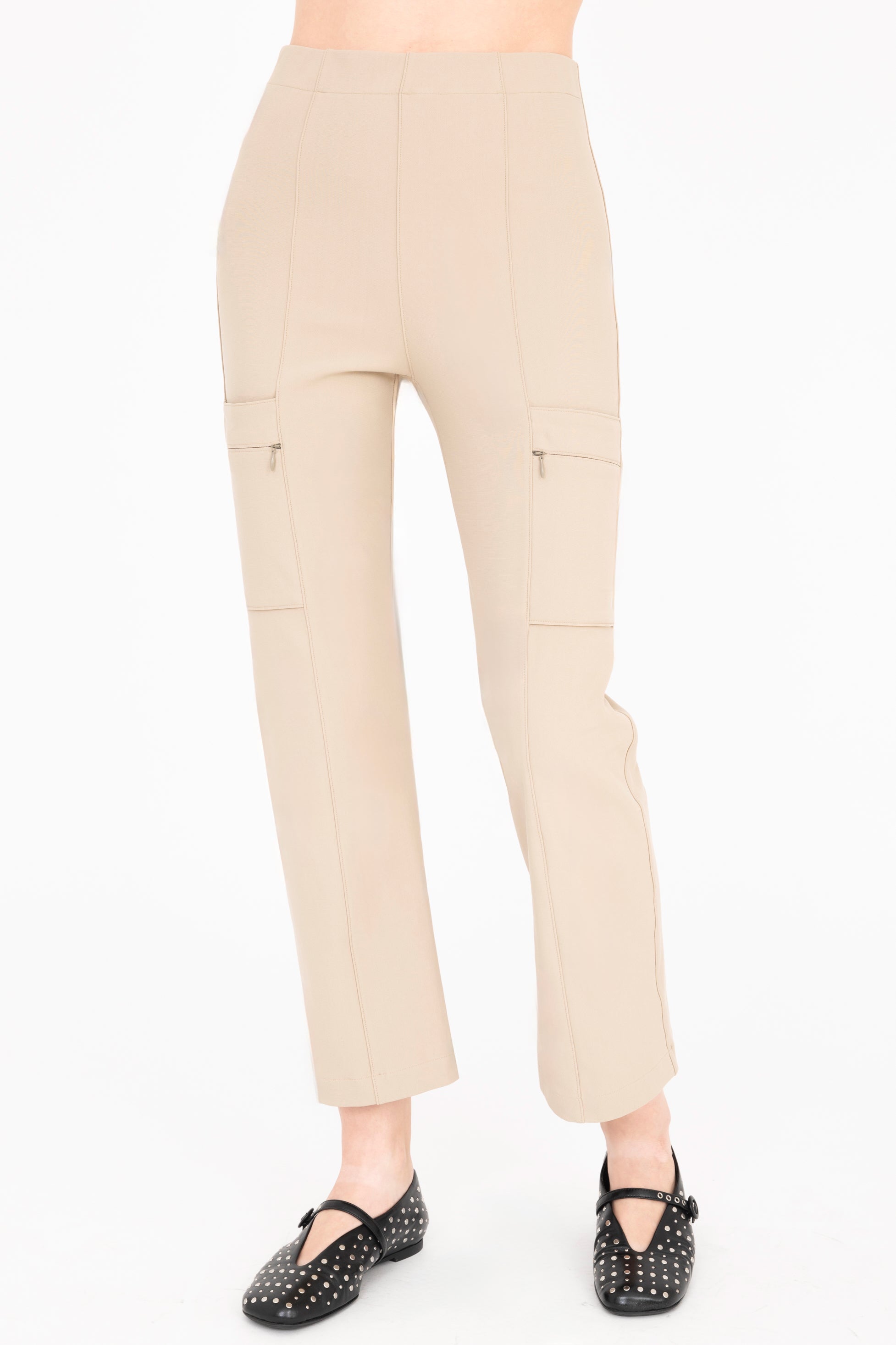 Front view of khaki cargo pants on a white background