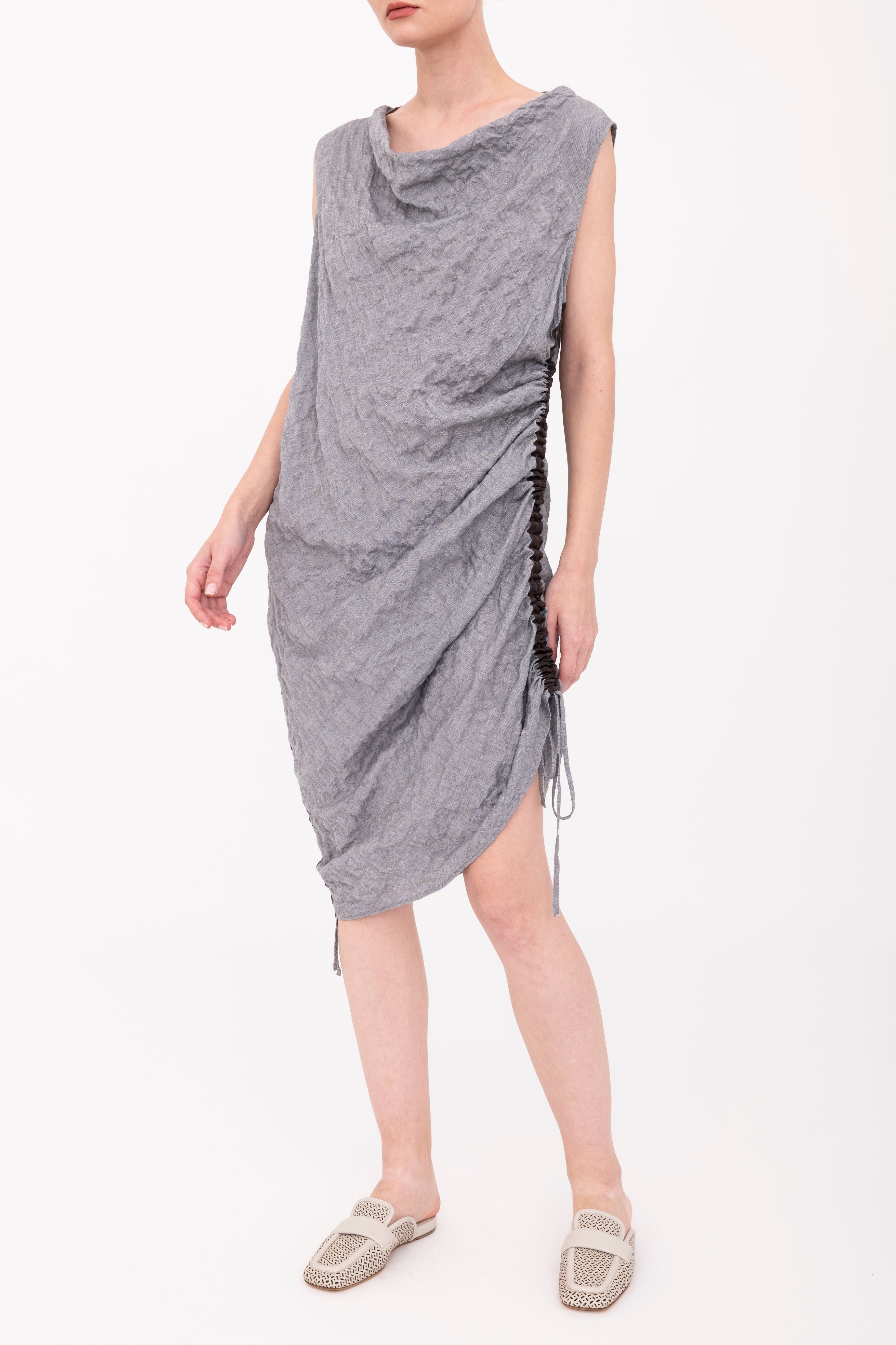Textured Cotton Side Ruching Dress - BROOKLYN Dress GENERAL ORIENT Stone P