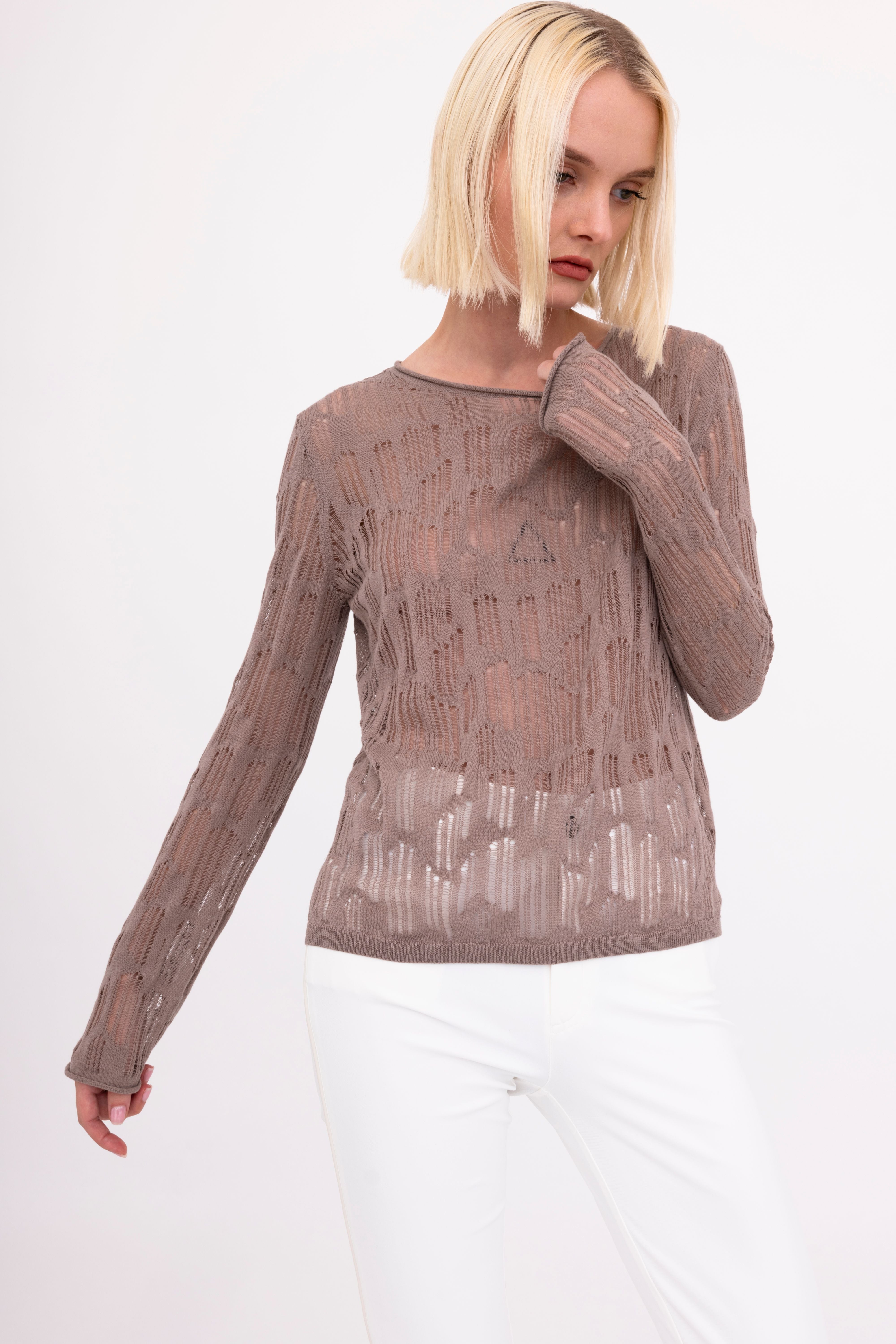 Organic Cotton Hemp Distressed Crew Neck Top - BENI Sweater YUE FENG