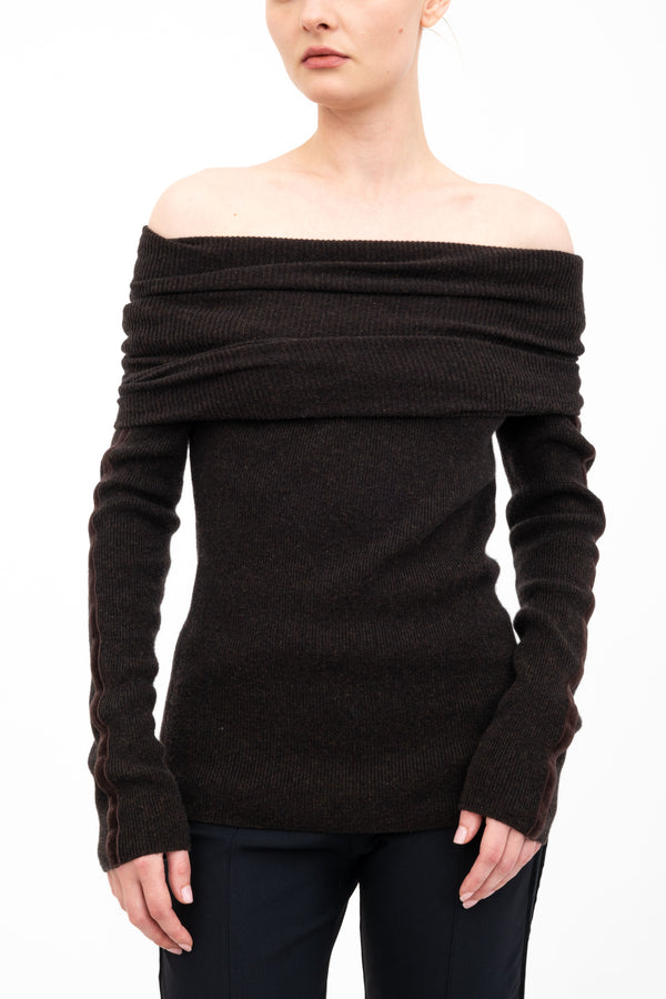 Cashmere Blend Off Shoulder Rib Knit with Velvet Trim - ASHIYA H24 Sweater STYLEM   