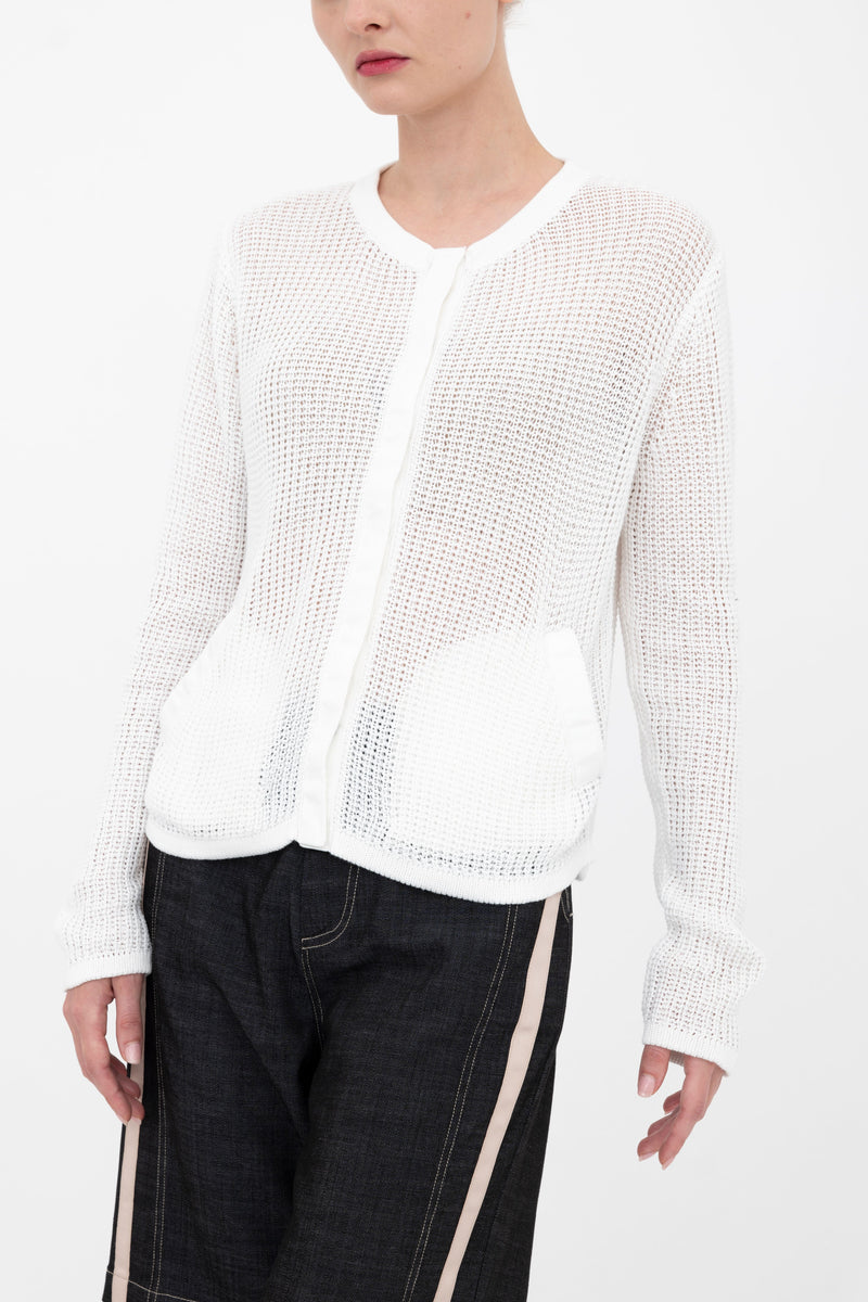 Cotton Waffle Knit Crew Neck Cardigan - BIJOUX Sweater YUE FENG White P