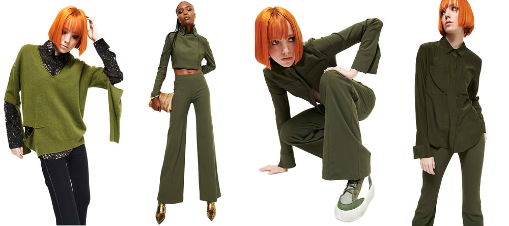 Luxurious Cashmere, Flexible Tech Stretch Pants, and Warm Cozy Coats in Earthy Green Tones.