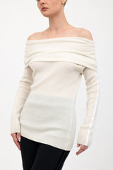 Cashmere Blend Off Shoulder Rib Knit with Velvet Trim - ASHIYA H24 Sweater STYLEM Off White Cashmere P 