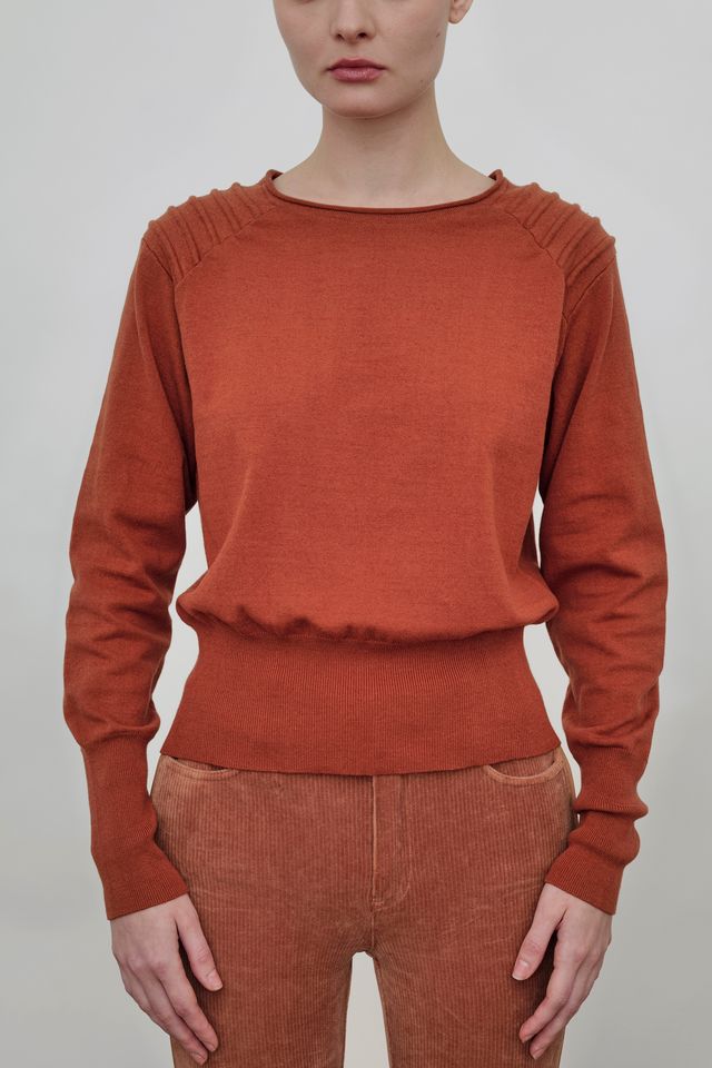 Cotton Sweater Crew Neck Top with Shoulder Detail - ADELINE Sweater STYLEM Brick-Sweater P