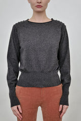 Cotton Sweater Crew Neck Top with Shoulder Detail - ADELINE FA24 Sweater STYLEM Heather Black P 