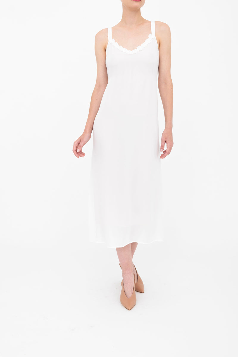 Silk Georgette Strap Midi Dress with Grosgrain Trim - BABETTE Dress GENERAL ORIENT White P