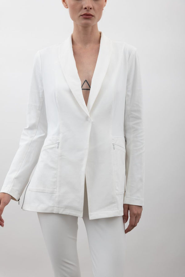 Tech Stretch Shawl Collar Blazer with Utility Pockets - VALBELLA CORE Jacket STYLEM White P 