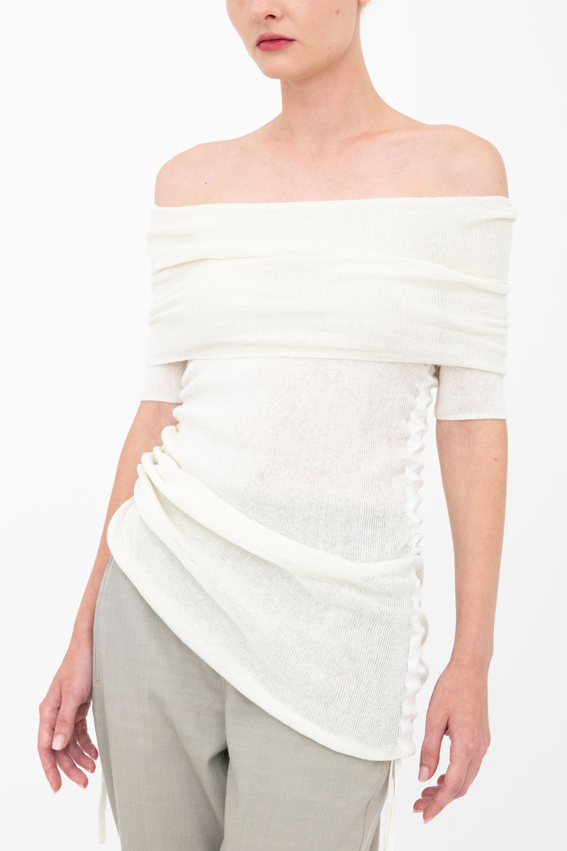 Organic Cotton Blend Off Shoulder Rib Knit Top - BICHON Sweater YUE FENG Chalk P