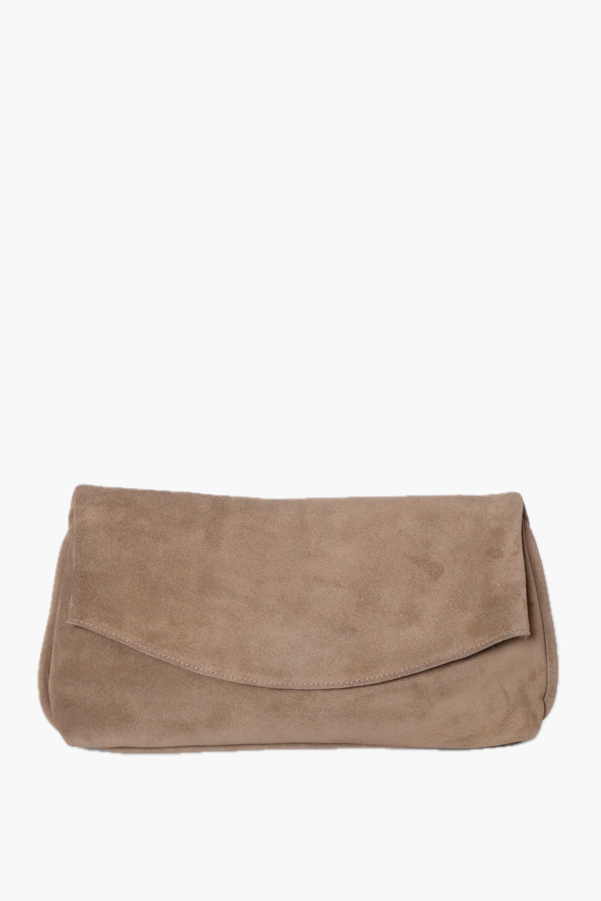 Beige suede clutch bag on a white background