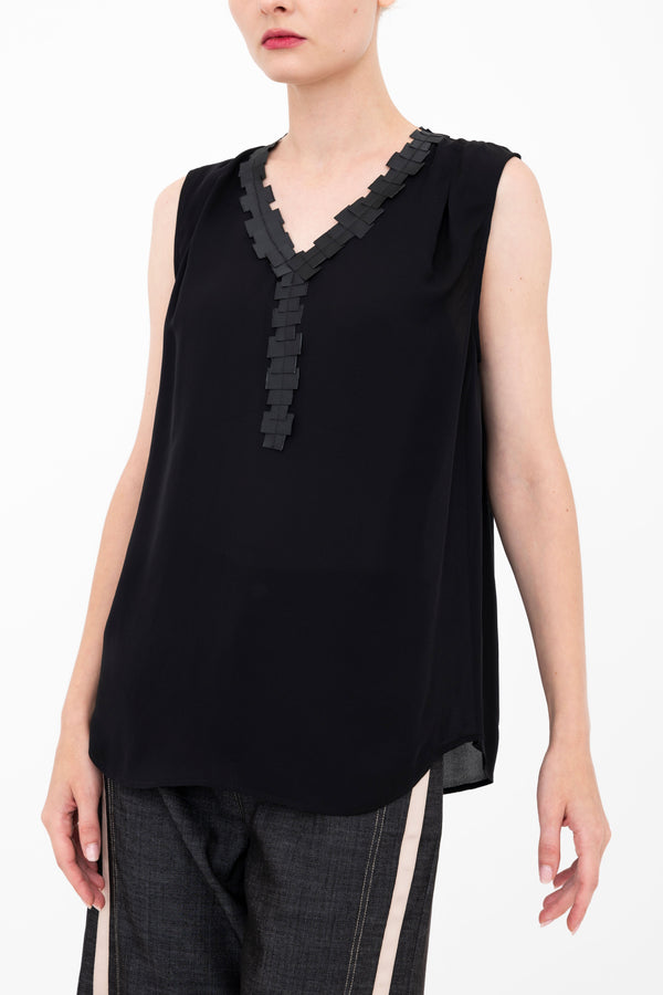 Silk Georgette V Neck Shell Top with Grosgrain Trim - BETTINA Top GENERAL ORIENT