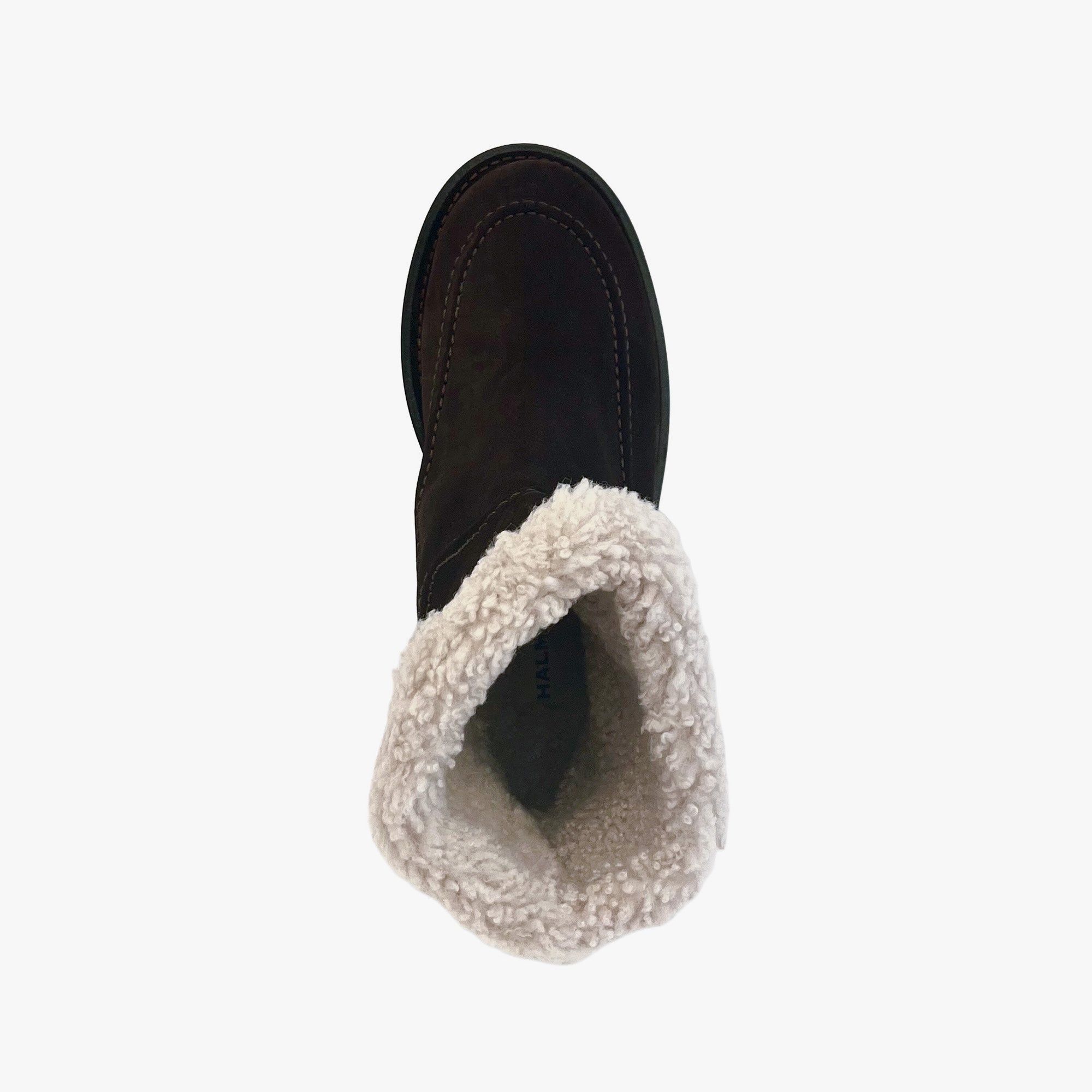 A single dark brown suede ankle boot with a thick, fluffy cream sherpa lining, shown from a top-down view on a light gray background.