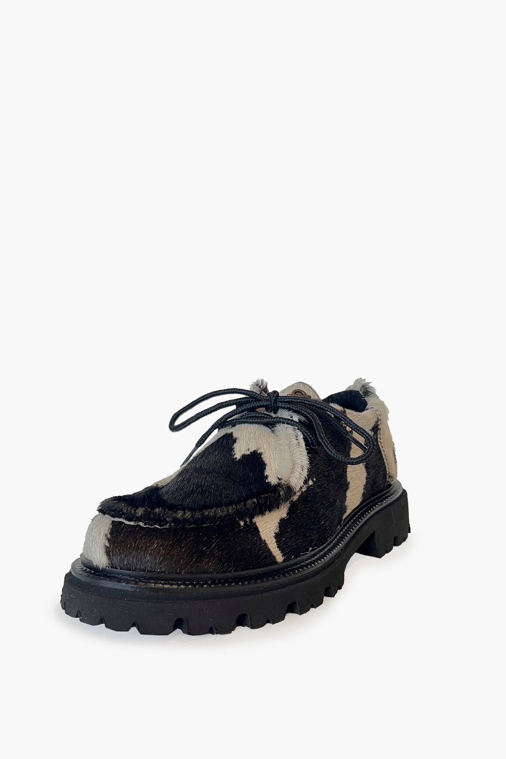 Cow Print Calf Hair Lace Up Loafer with E.V.A. Sole