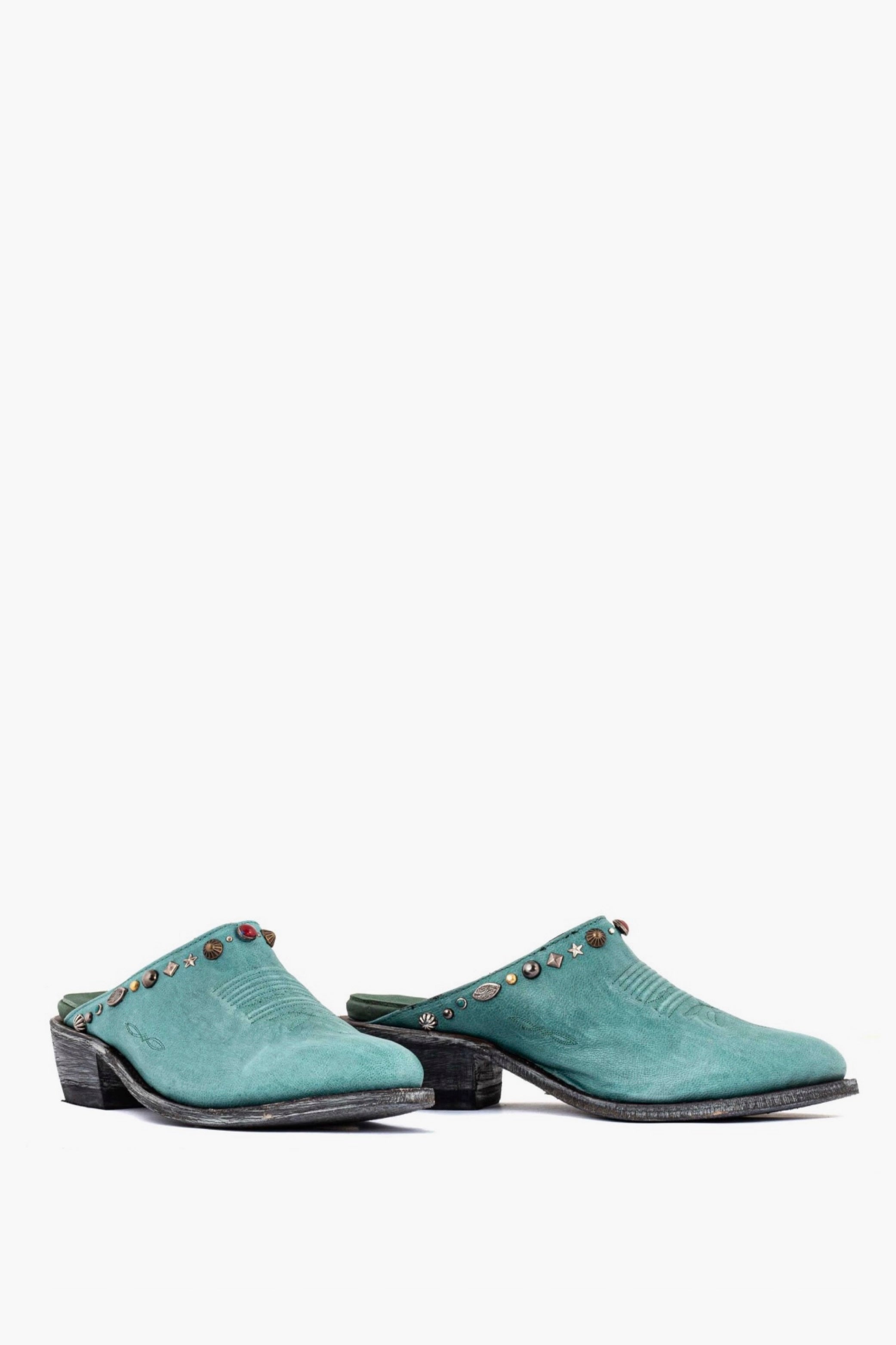 Turquoise Cowboy Round Toe Mules