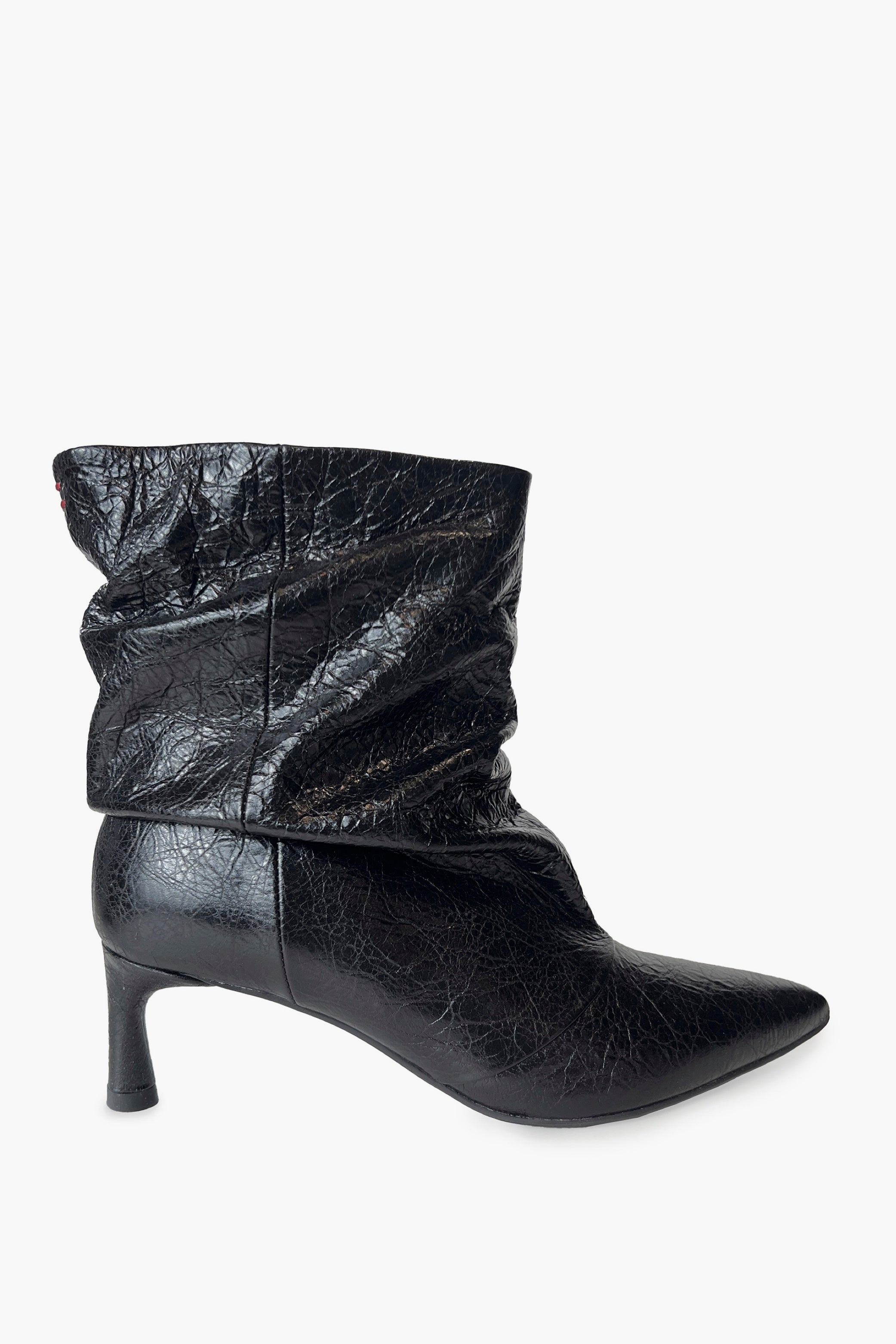 Black Crinkle Leather Pointy Toe  Ruched Ankle Boots