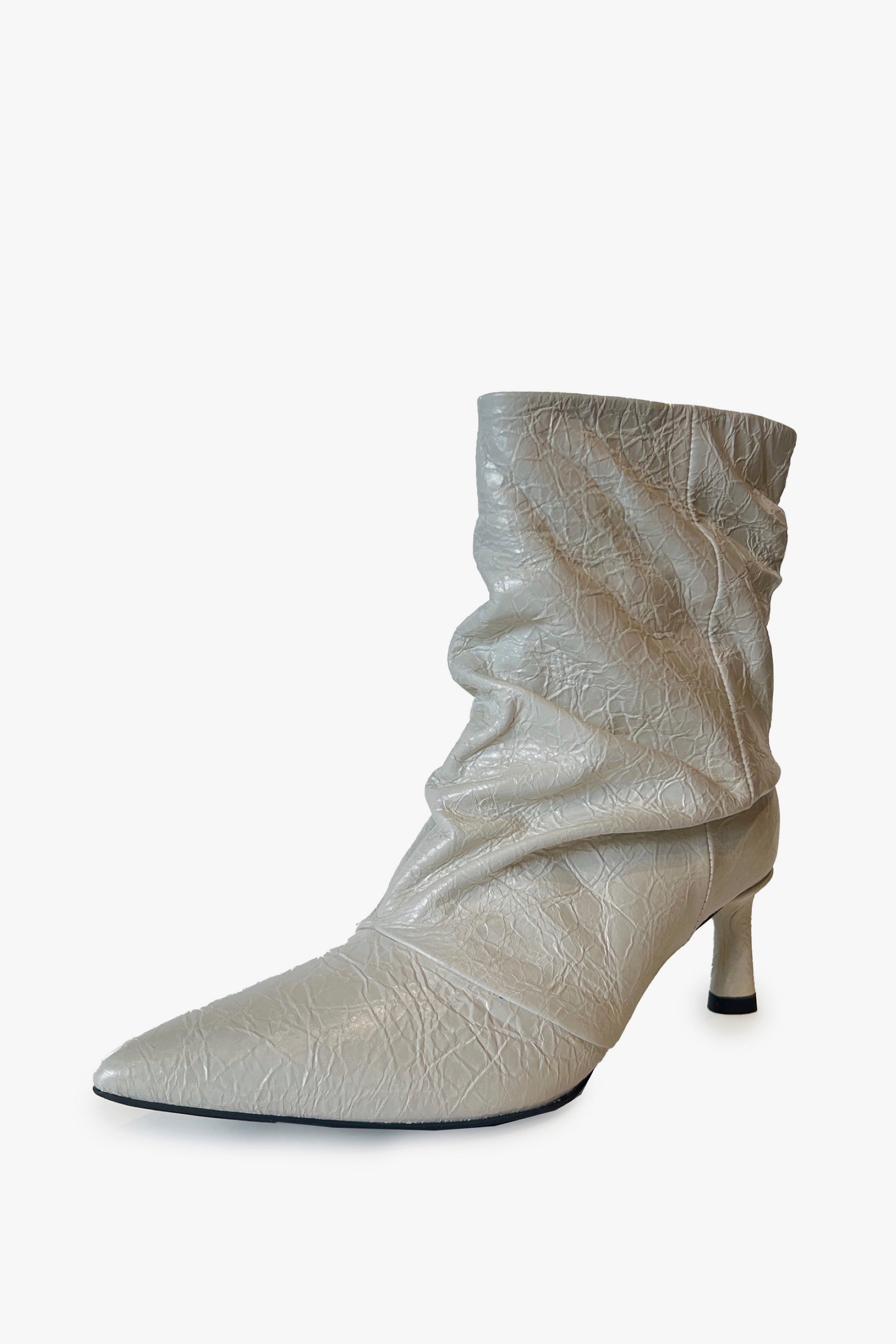 White Crinkle Leather Pointy Toe  Ruched Ankle Boots