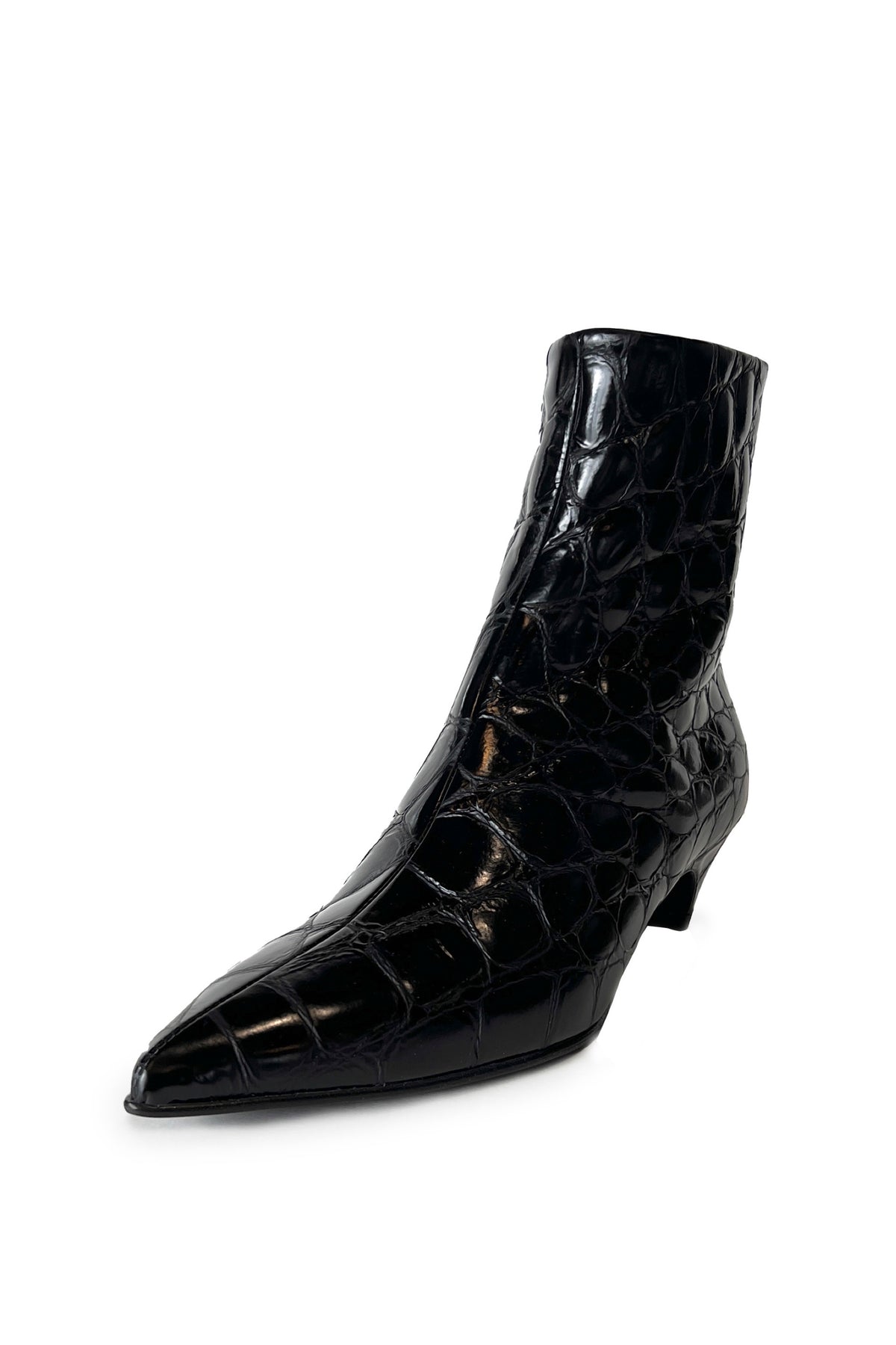 Black Croco Embossed Leather Pointy Toe Kitten Heel Ankle Boots