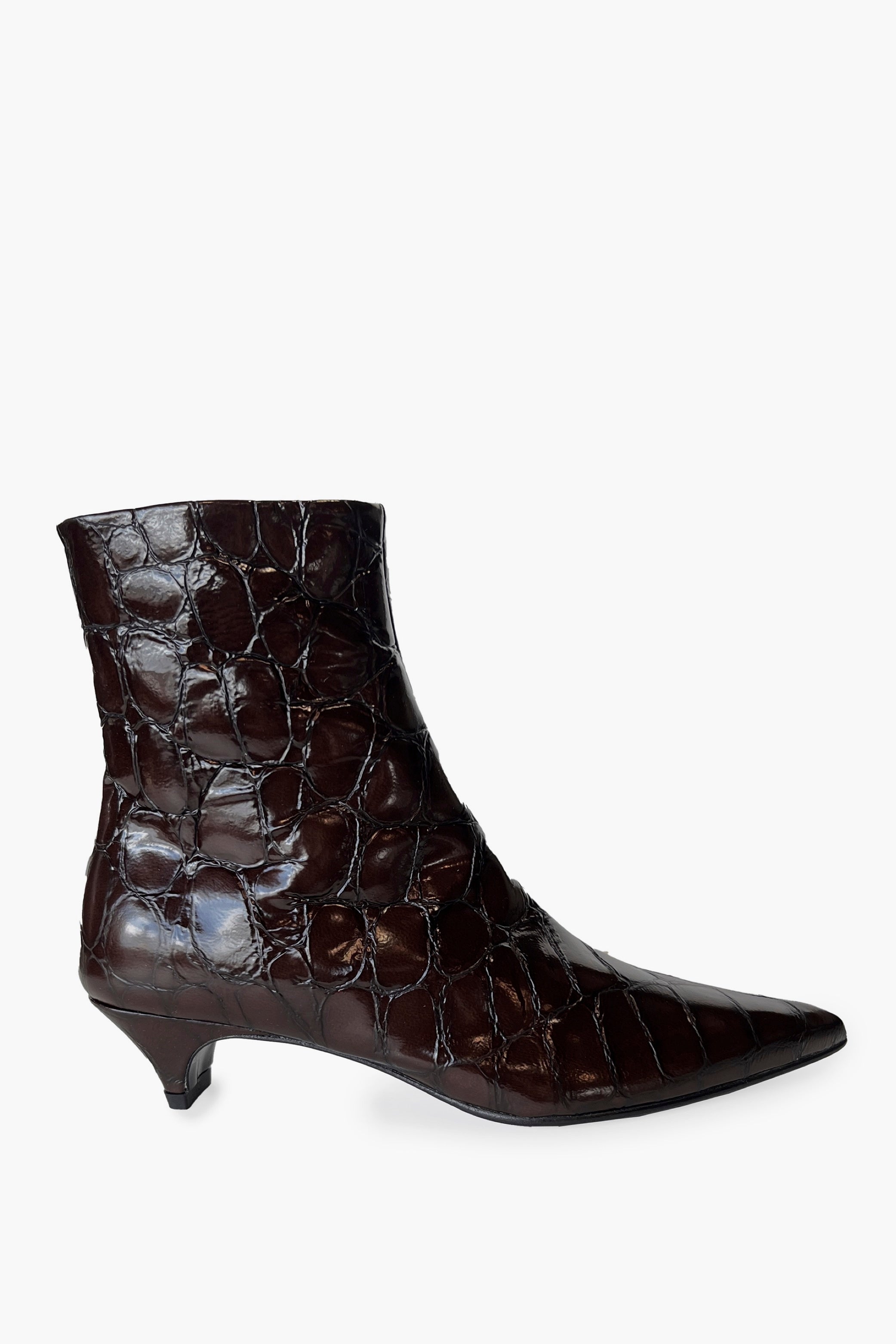 Brown Croco Embossed Leather Pointy Toe Kitten Heel Ankle Boots